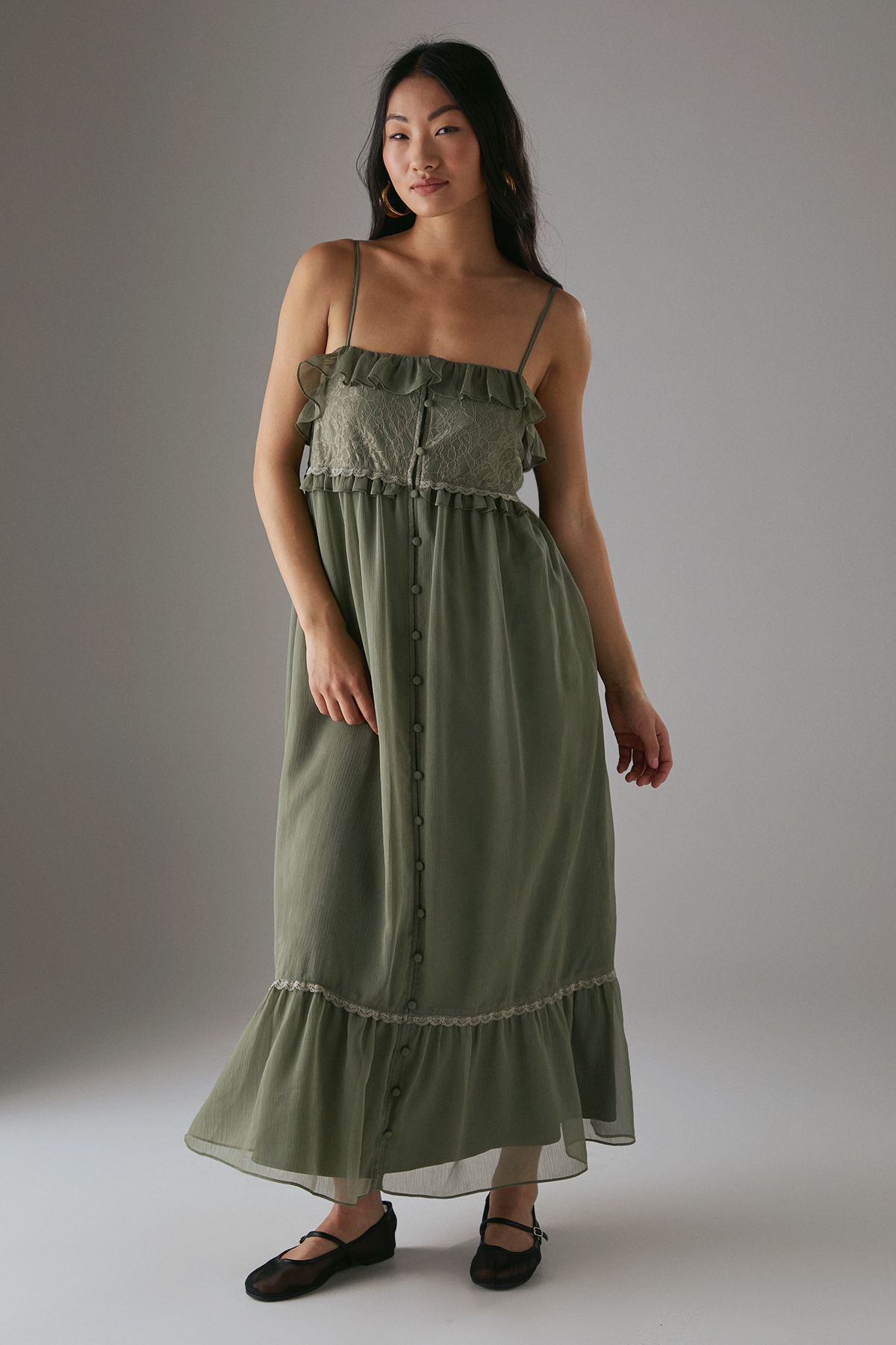 Warehouse Petite Lace Ruffle Strappy Midi Sundress Khaki image 1