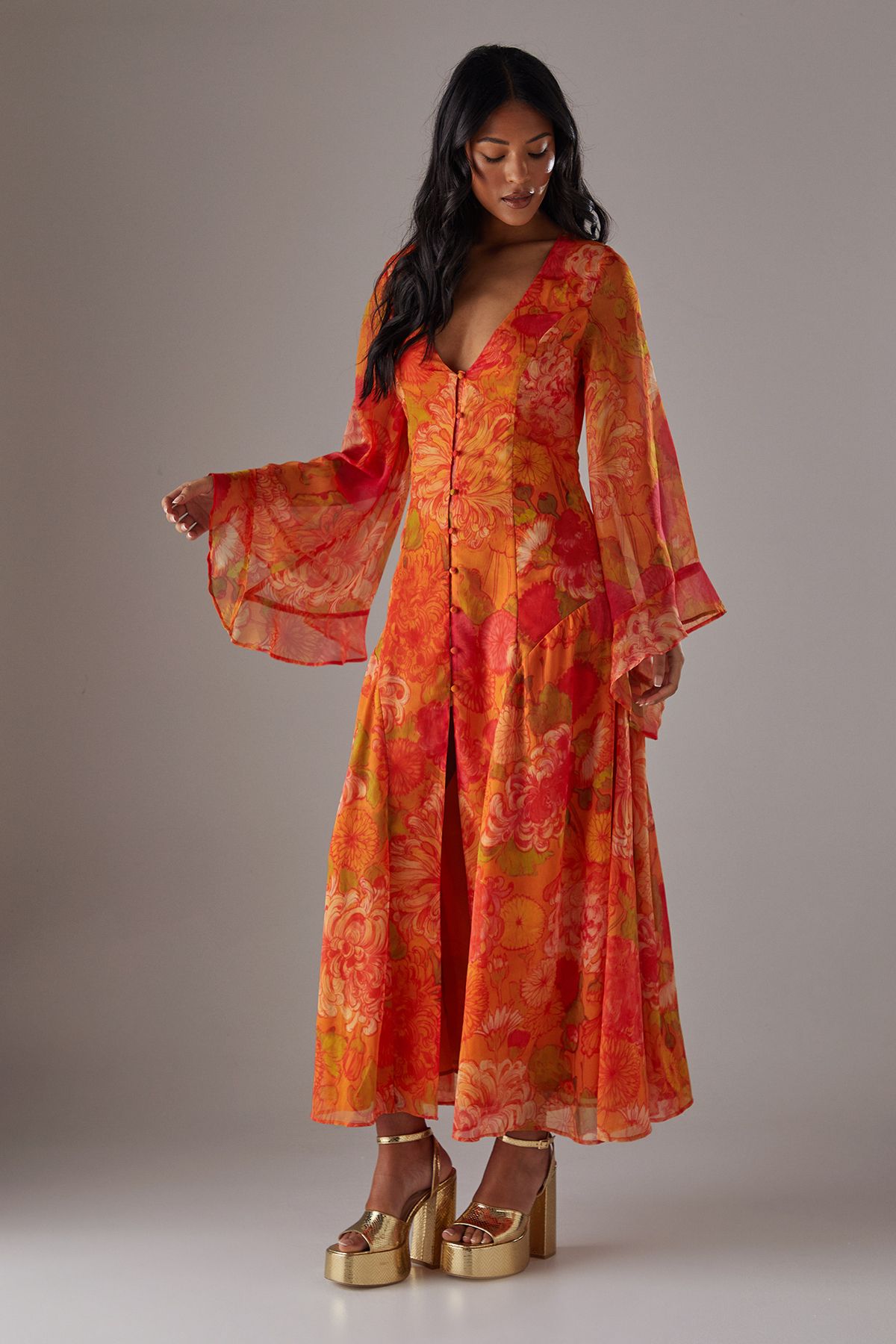 Warehouse Chiffon Bohemian Button Through Maxi Dress Floral image 1