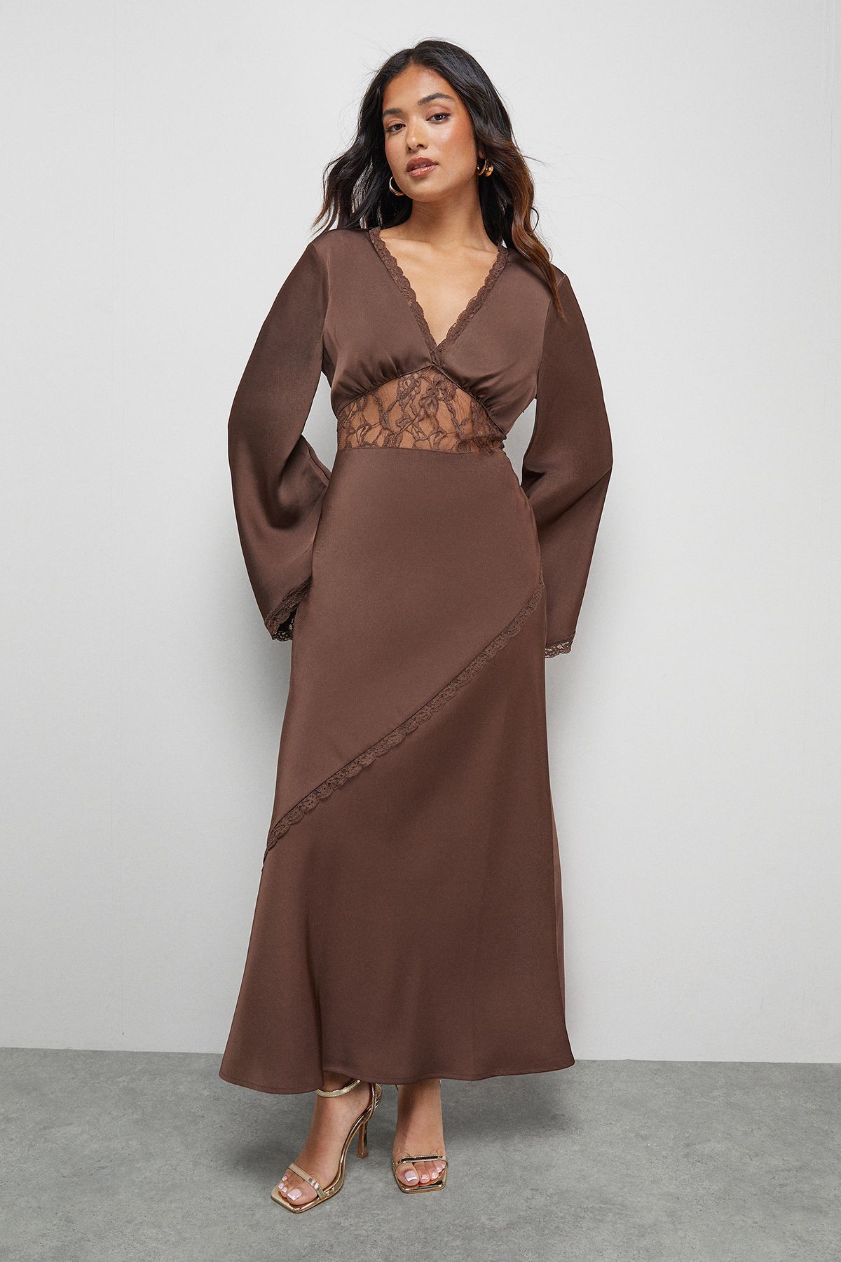 Warehouse Petite Satin Lace Insert Flute Sleeve Midi Dress Chocolate image 1