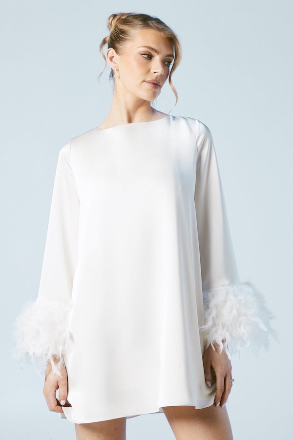 Oasis Feather Cuff Satin Bridal Mini Dress Ivory