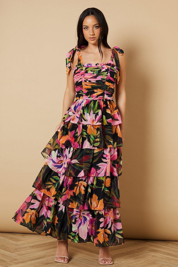 Oasis Ruched Ruffle Tiered Tie Strap Midi Dress Pink