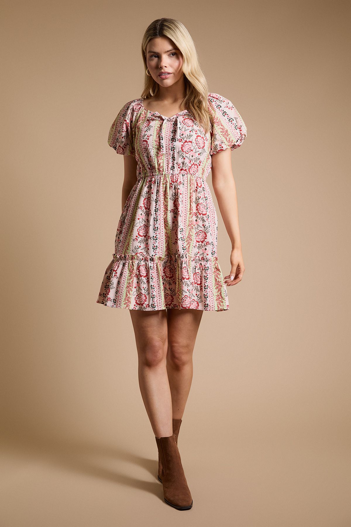 Dorothy Perkins Tie Front Puff Sleeve Poplin Mini Dress Floral