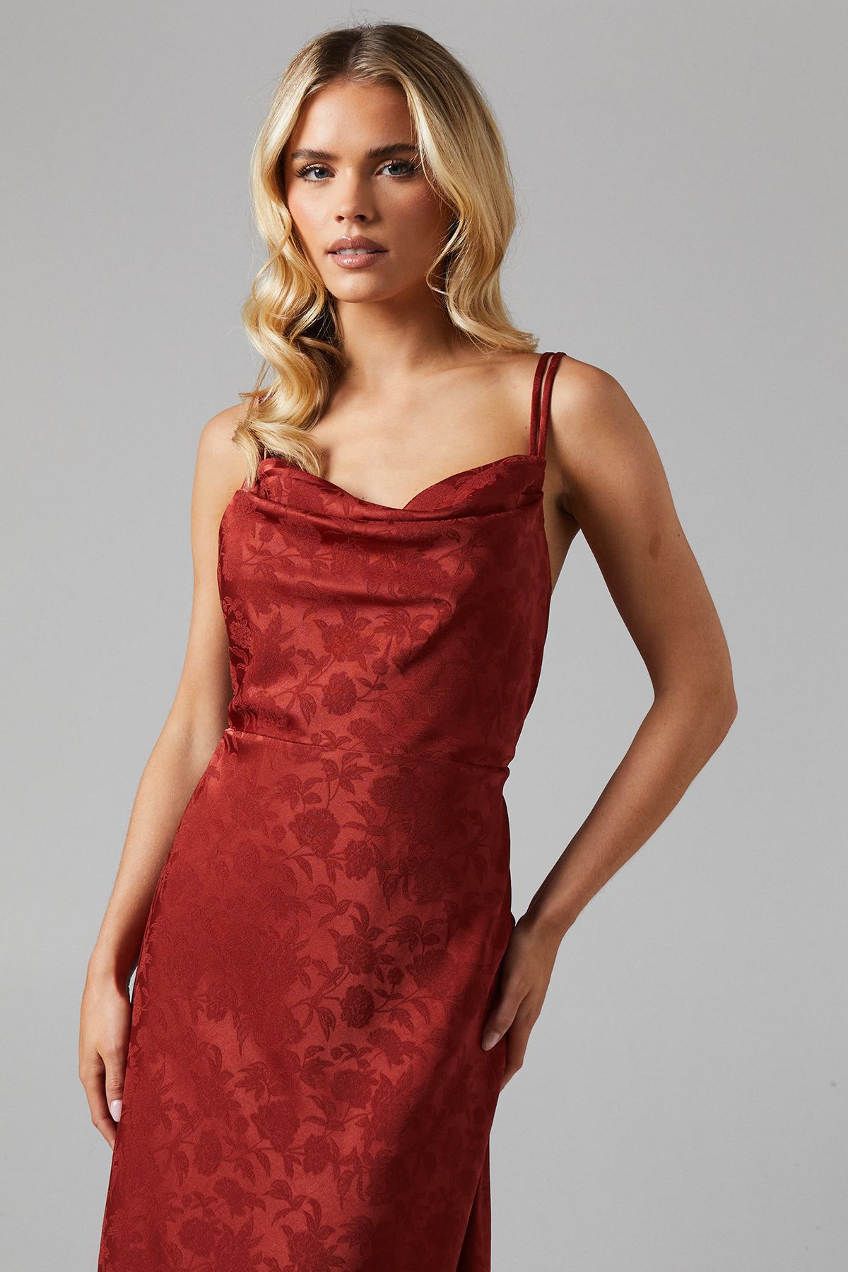 Oasis Petite Double Strap Cowl Neck Satin Jacquard Bridesmaid Midi Dress Rust image 4