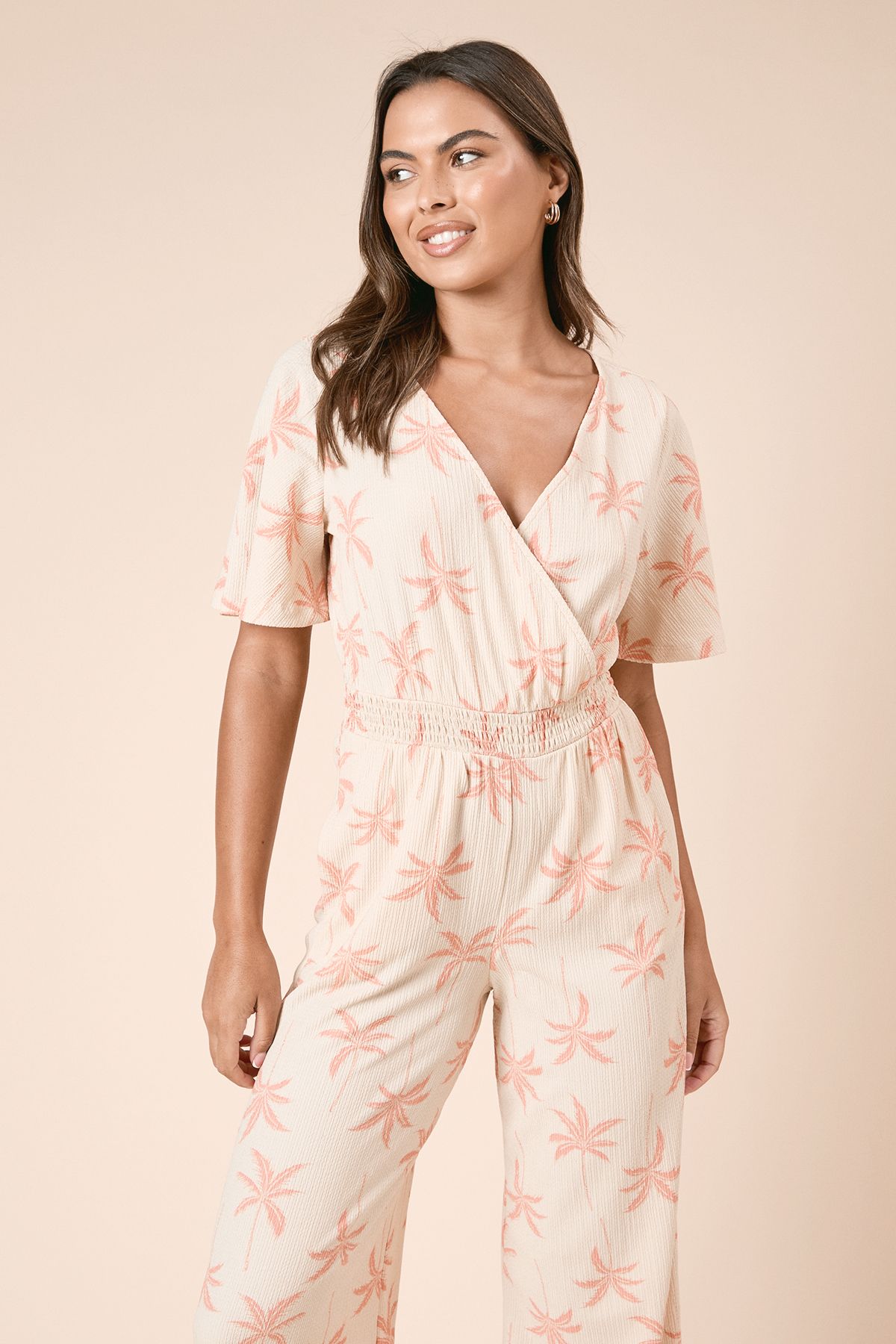 Dorothy Perkins Cream Palm Wrap Front Angel Sleeve Jersey Jumpsuit Cream image 2