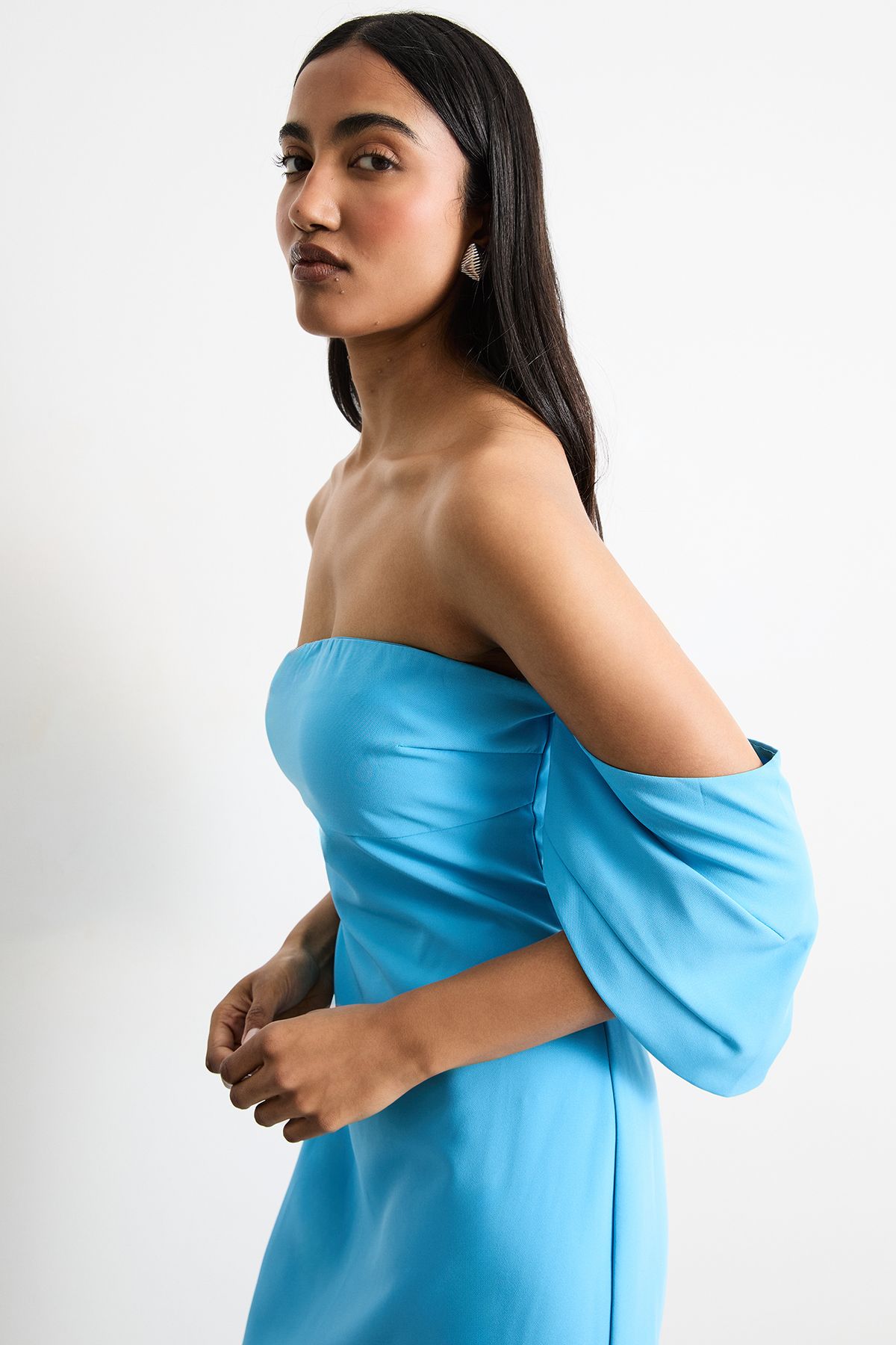 Warehouse Stretch Crepe Bardot Column Midi Dress Blue image 1