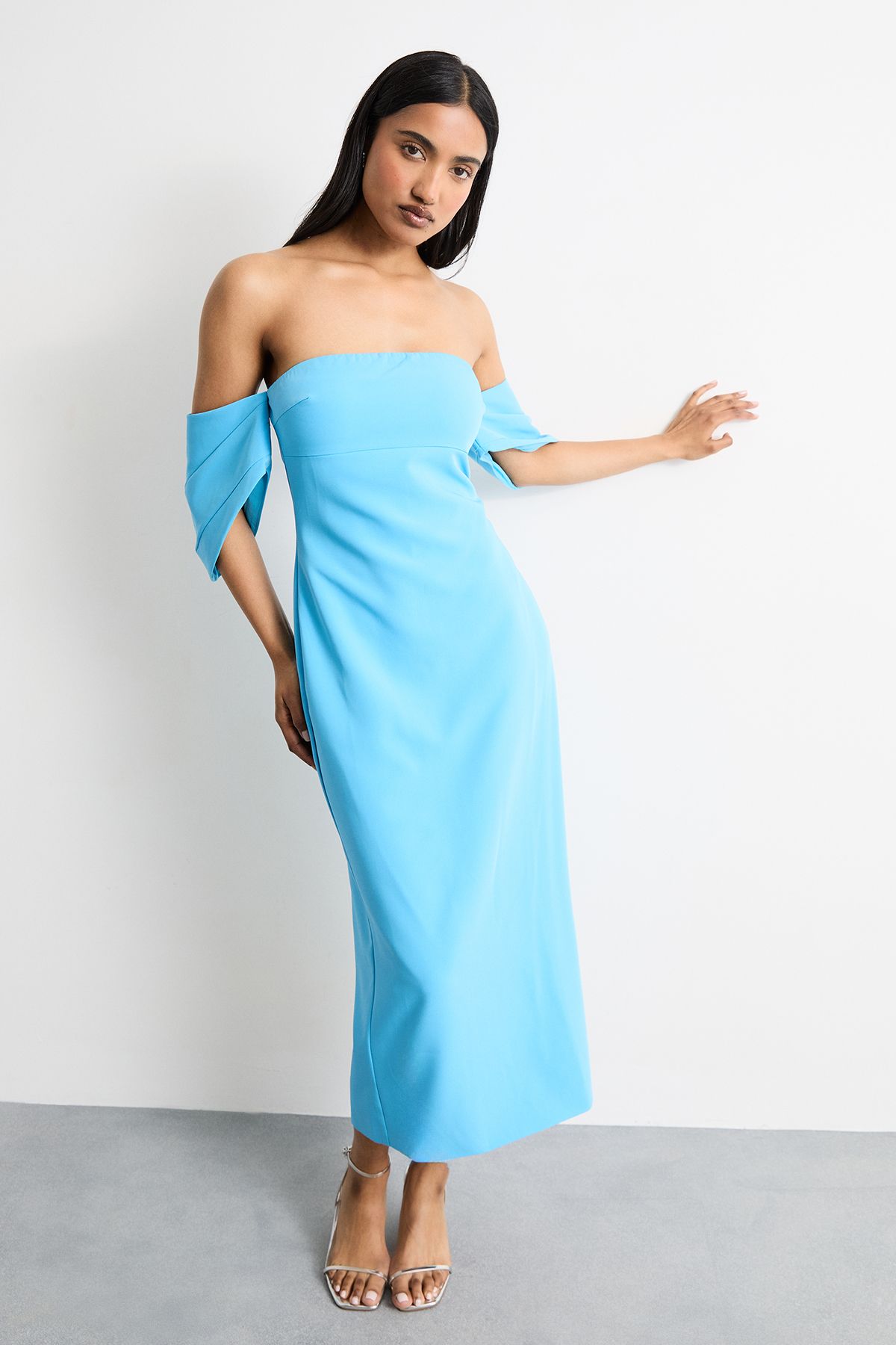Warehouse Stretch Crepe Bardot Column Midi Dress Blue