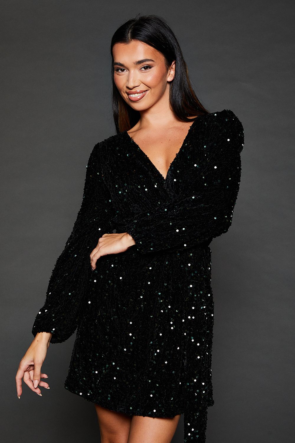 Dorothy Perkins Wrap Velvet Sequin Long Sleeve Mini Dress Green image 2