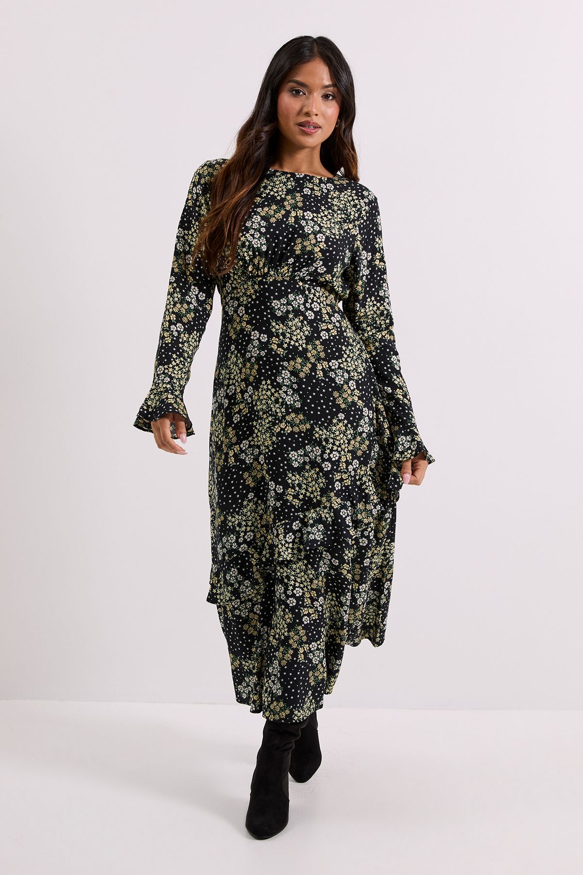 Dorothy Perkins Petite Frill Sleeve Ruffle Detail Printed Midi Dress Black image 1