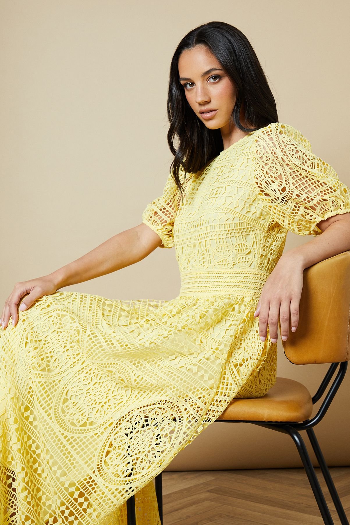 Oasis Lace Puff Sleeve Midaxi Dress Yellow