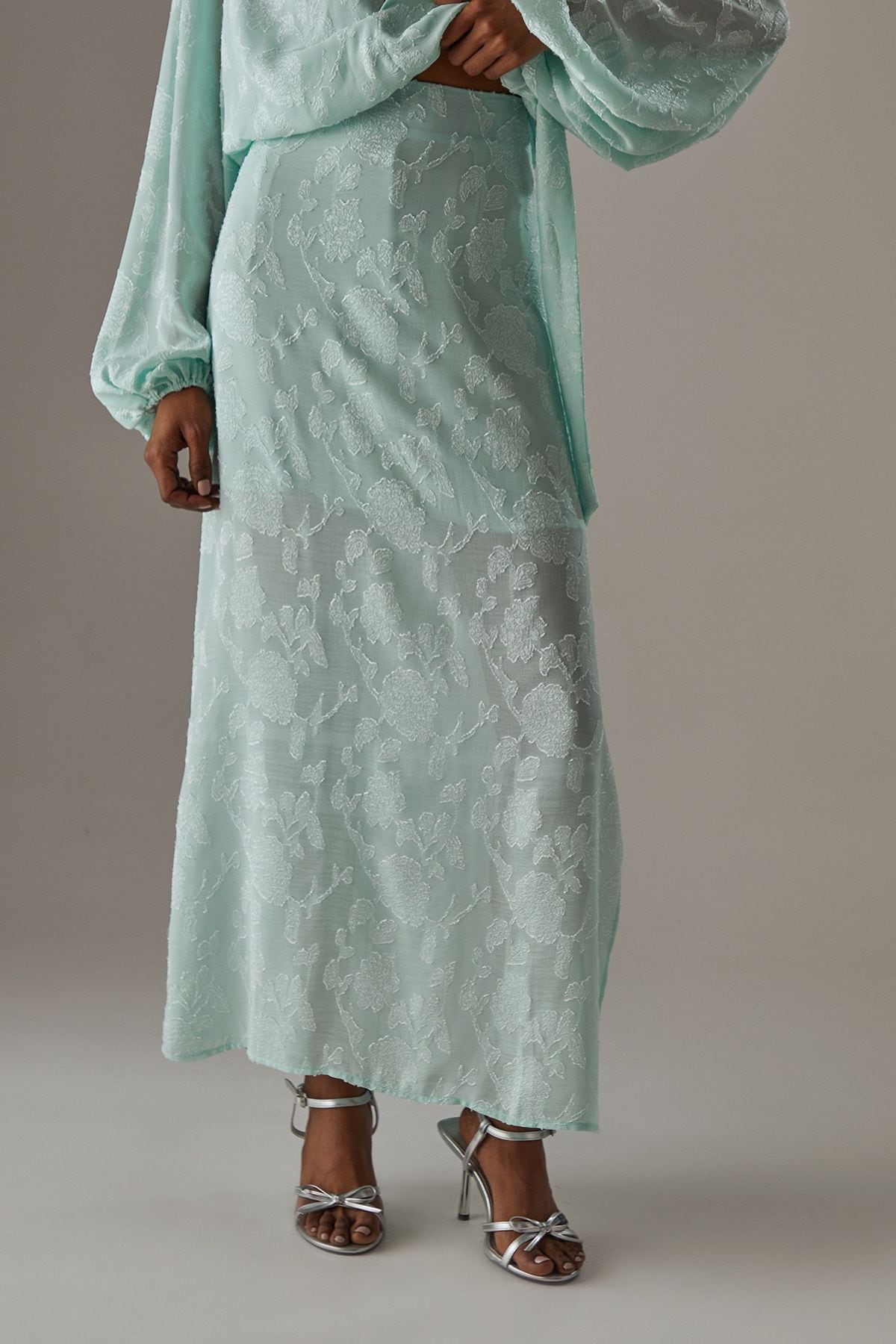 Warehouse Chiffon Jacquard Bias Maxi Skirt Apple Green