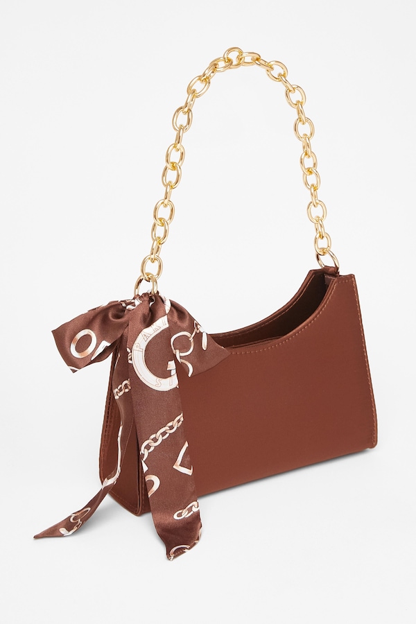 Quiz Brown Satin Chain Shoulder Bag