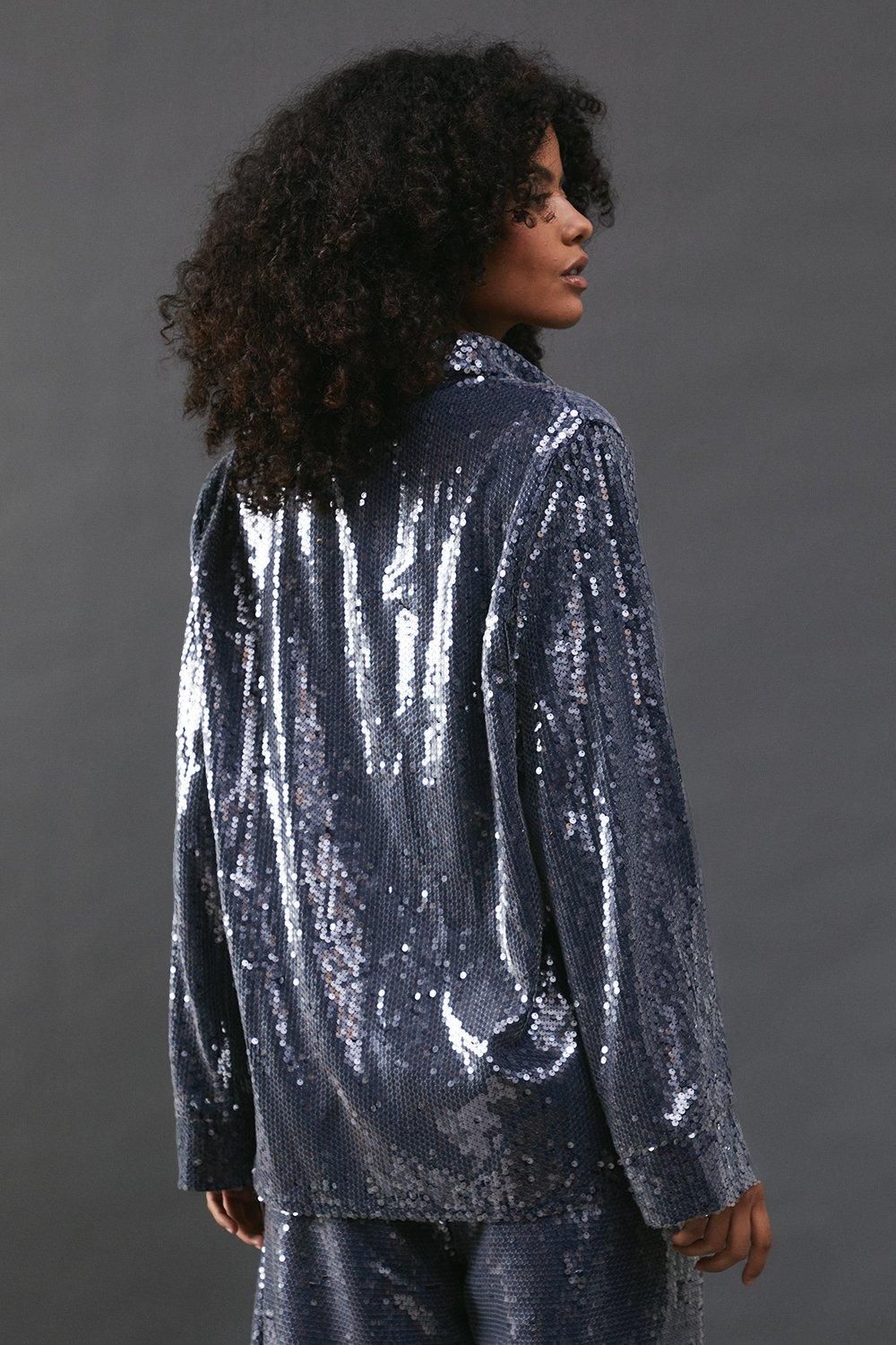 Warehouse Sequin Oversized Shirt Navy image 3