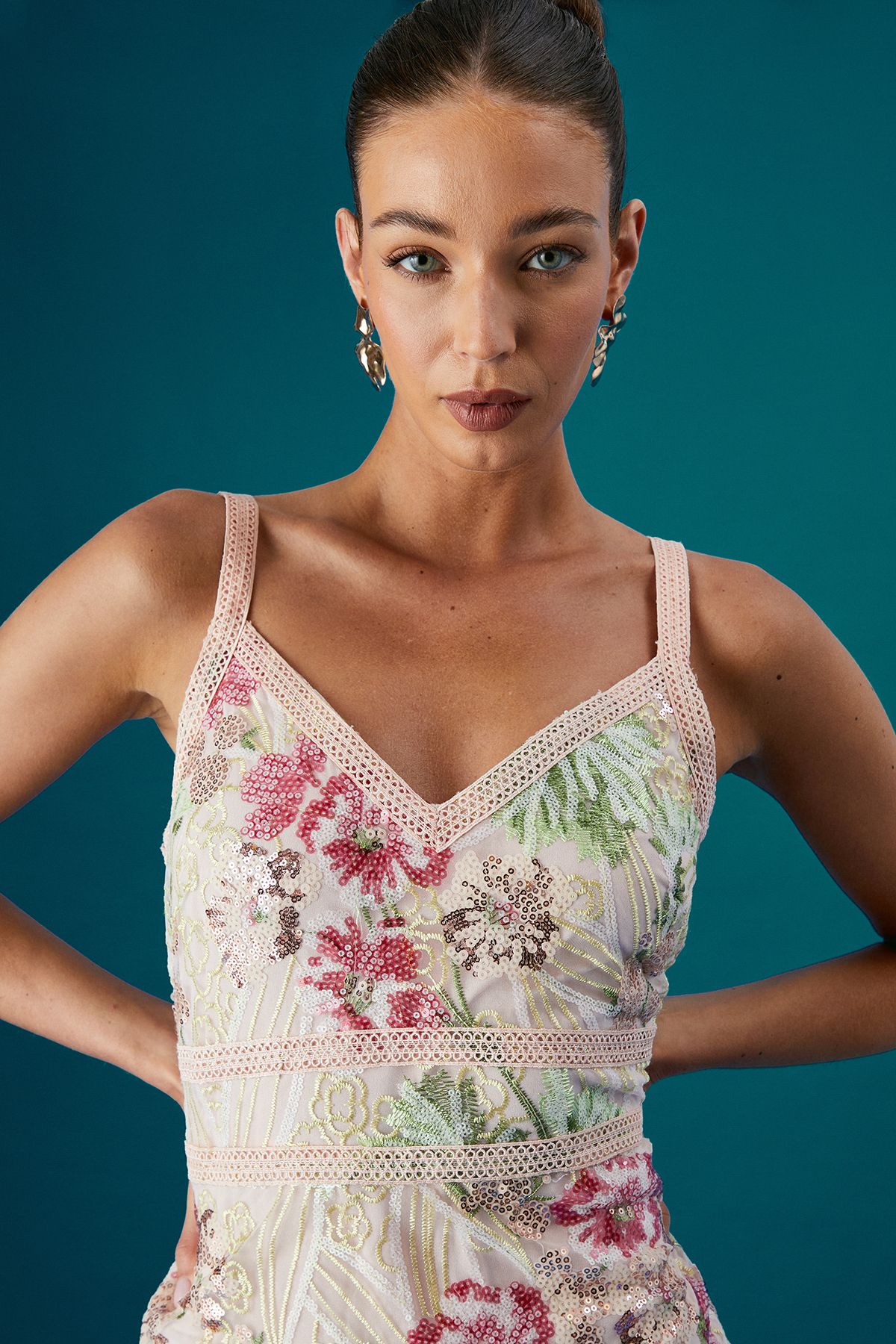 Coast Coast Muse Floral Embellished V Neck Strappy Midi Dress Nude image 4