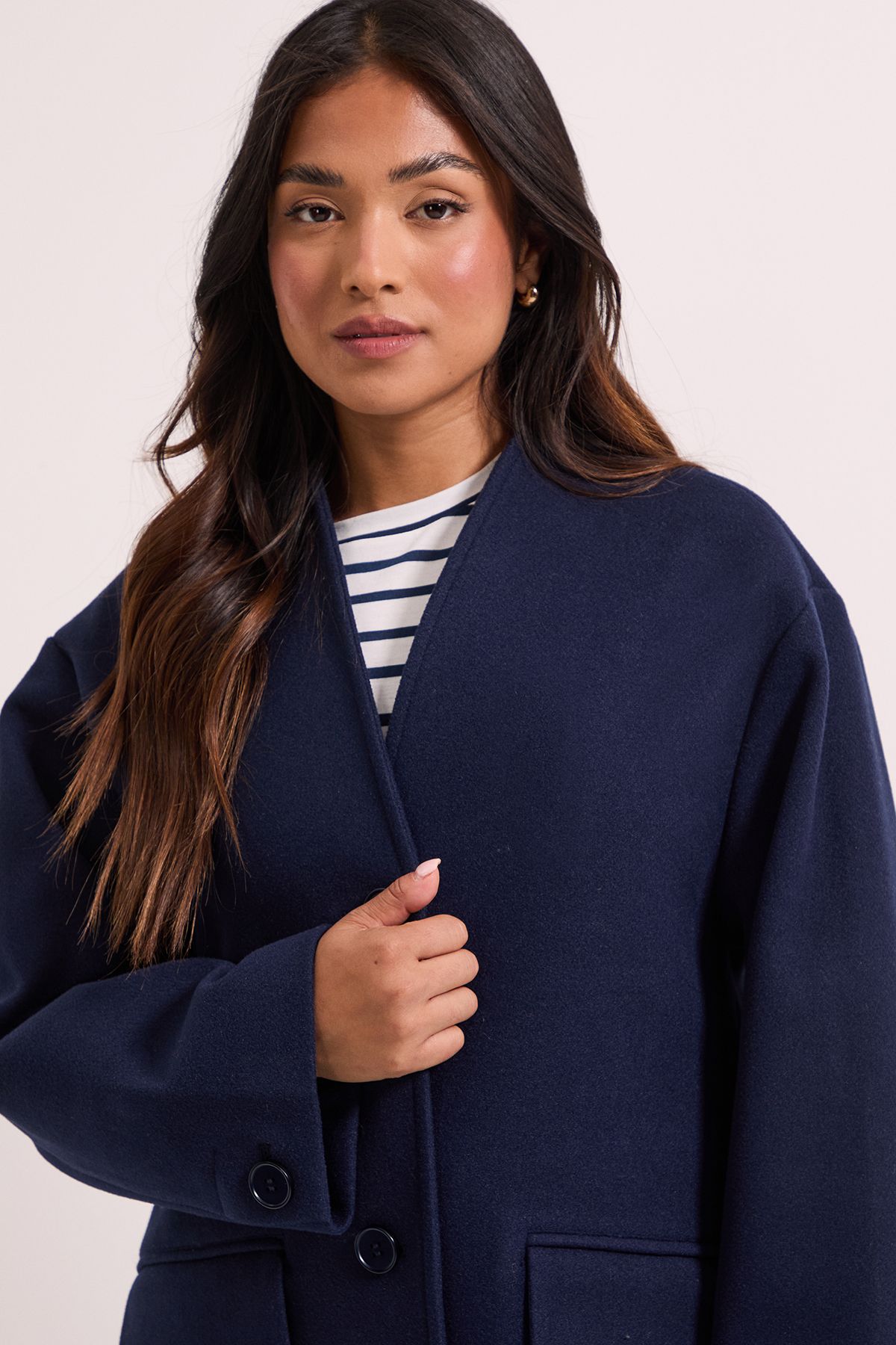 Dorothy Perkins Petite Collarless Single Breasted Faux Wool Coat Navy image 3