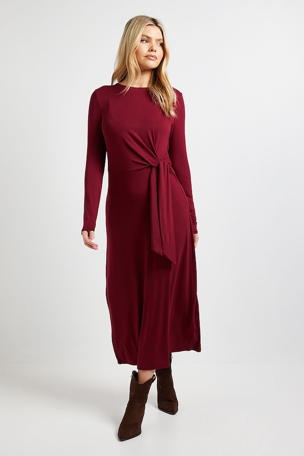 Dorothy Perkins Tie Detail Long Sleeve Jersey Midi Dress Burgundy