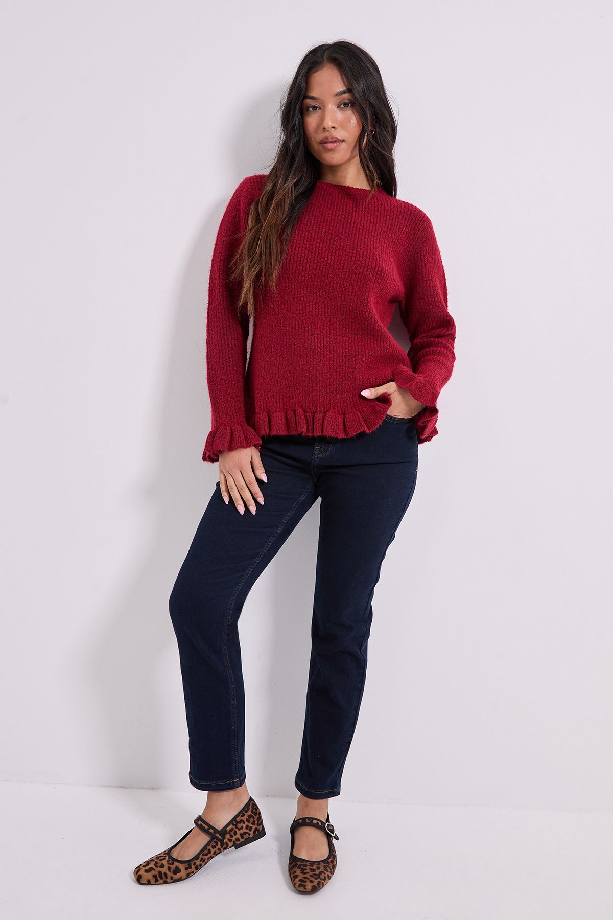Dorothy Perkins Petite Ribbed Ruffle Cuff Jumper Red image 2