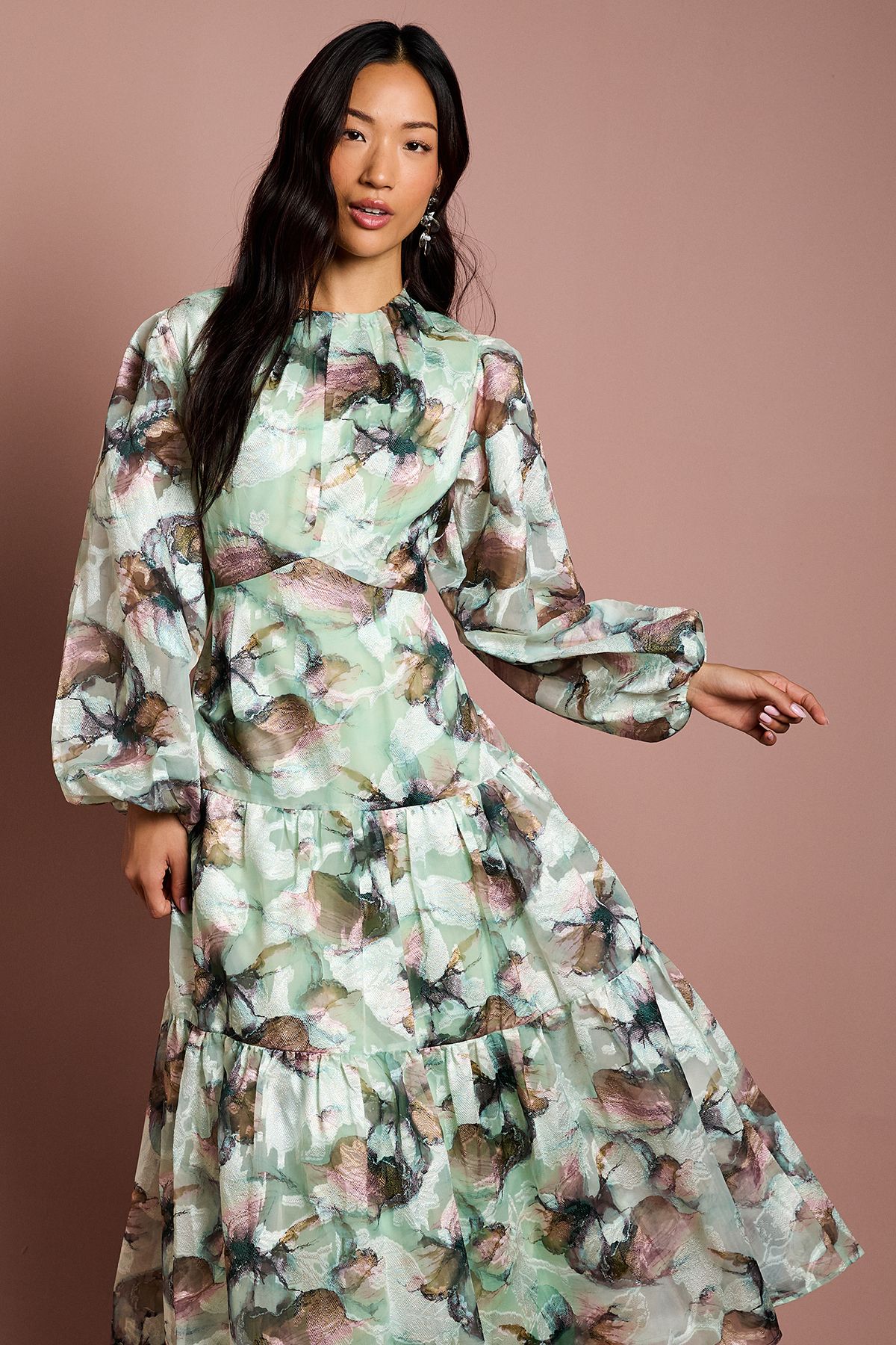 Coast 3/4 Puff Sleeve Printed Jacquard Midaxi Dress Sage image 2