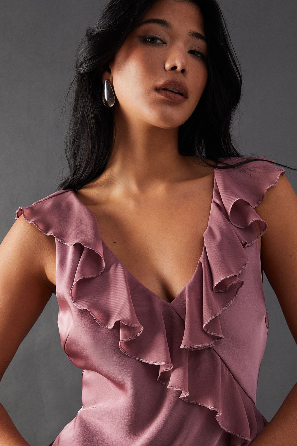 Warehouse Satin Wrap Chiffon Frill Detail Midi Dress Mauve image 2