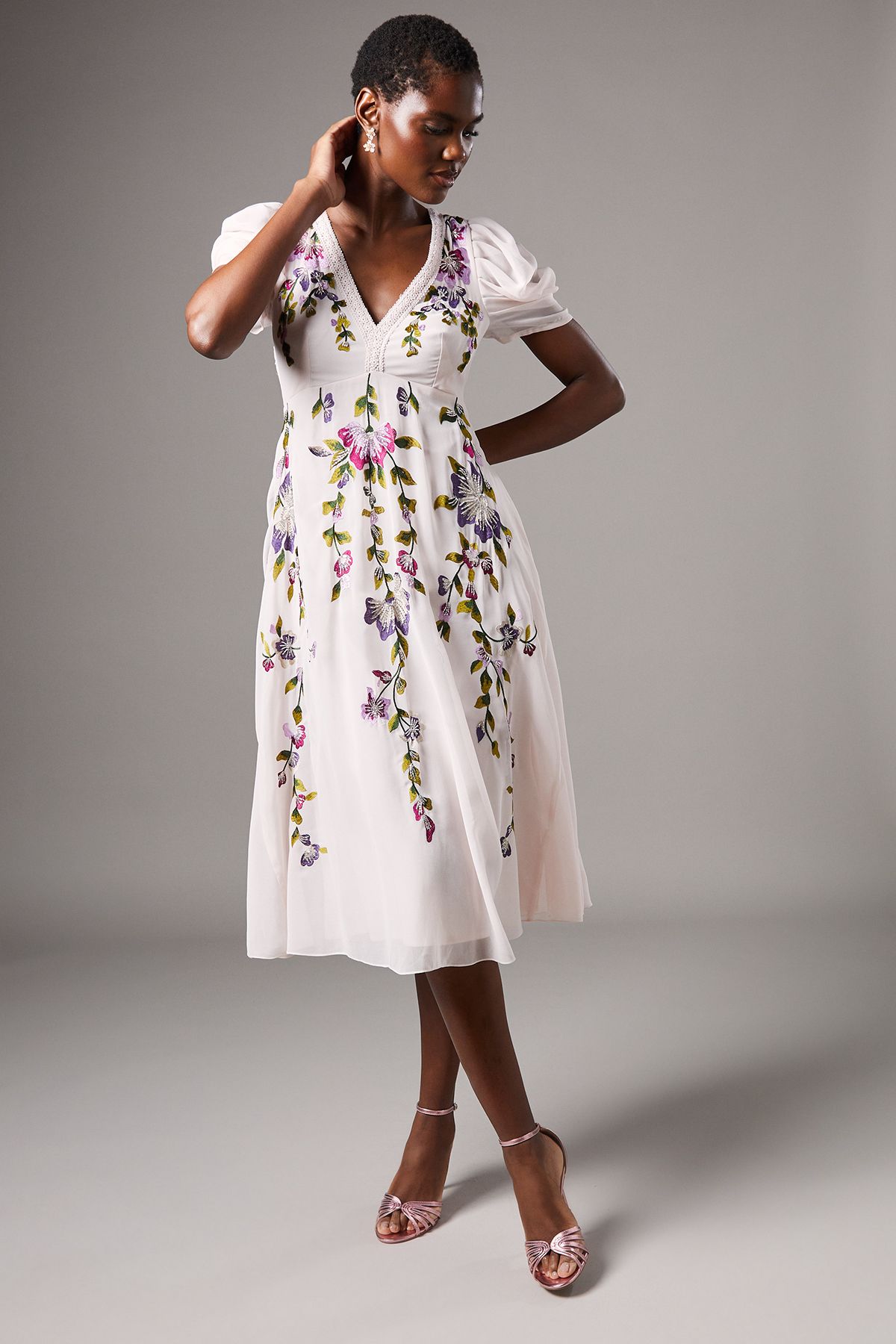 Coast Embroidered Midi Dress Nude image 1