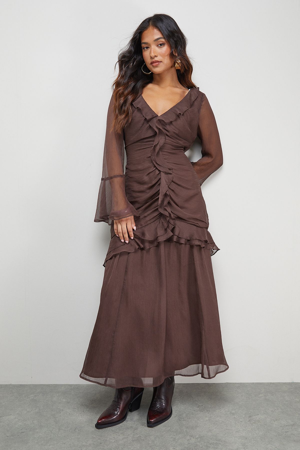 Warehouse Petite Chiffon Ruffle Gathered Bodice Midi Dress Chocolate image 1