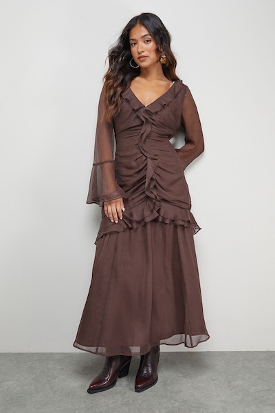 Warehouse Petite Chiffon Ruffle Gathered Bodice Midi Dress Chocolate