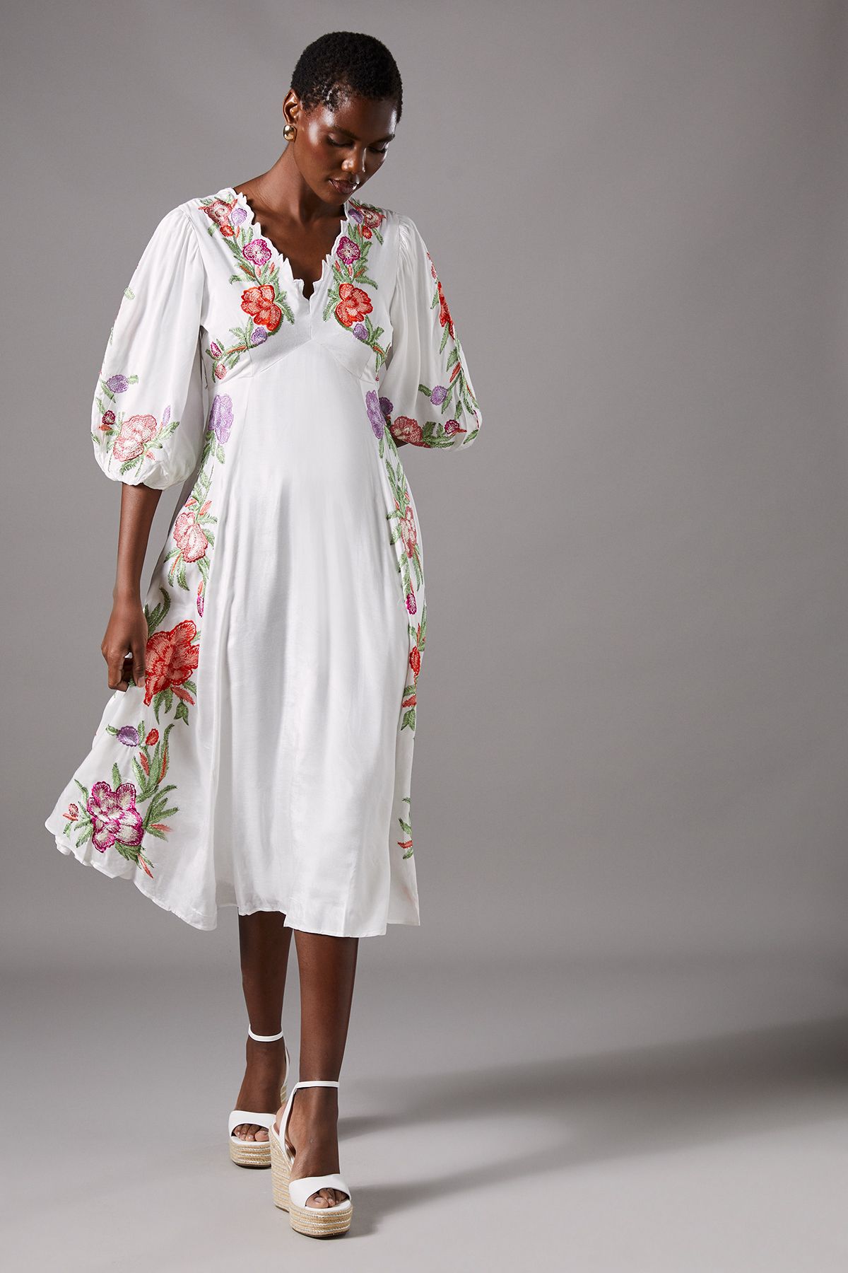 Coast Floral Neckline Embroidered Puff Sleeve Midi Dress White image 1