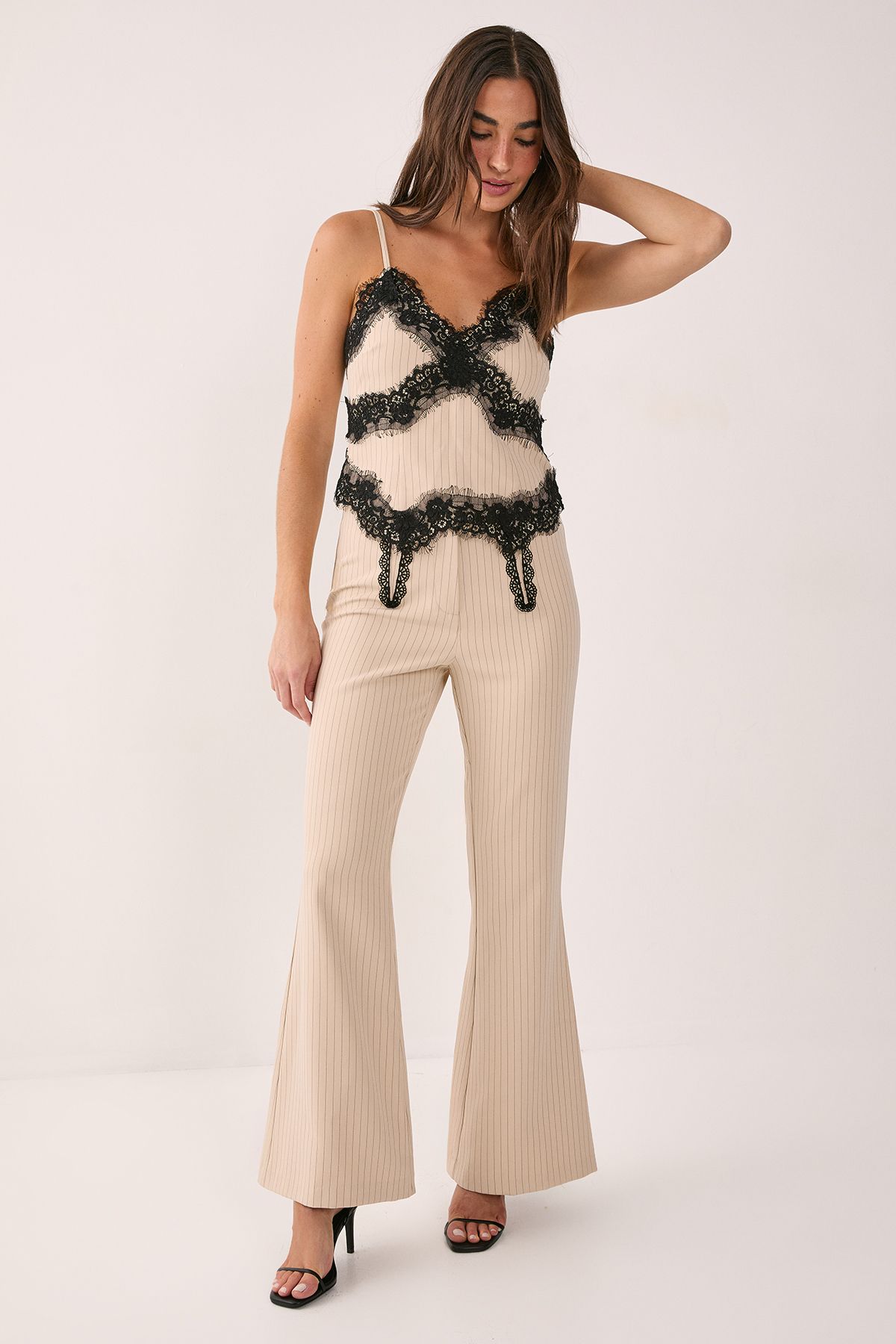 NastyGal Pinstripe Lace Trim Tailored Flared Pants Co-ord Ecru
