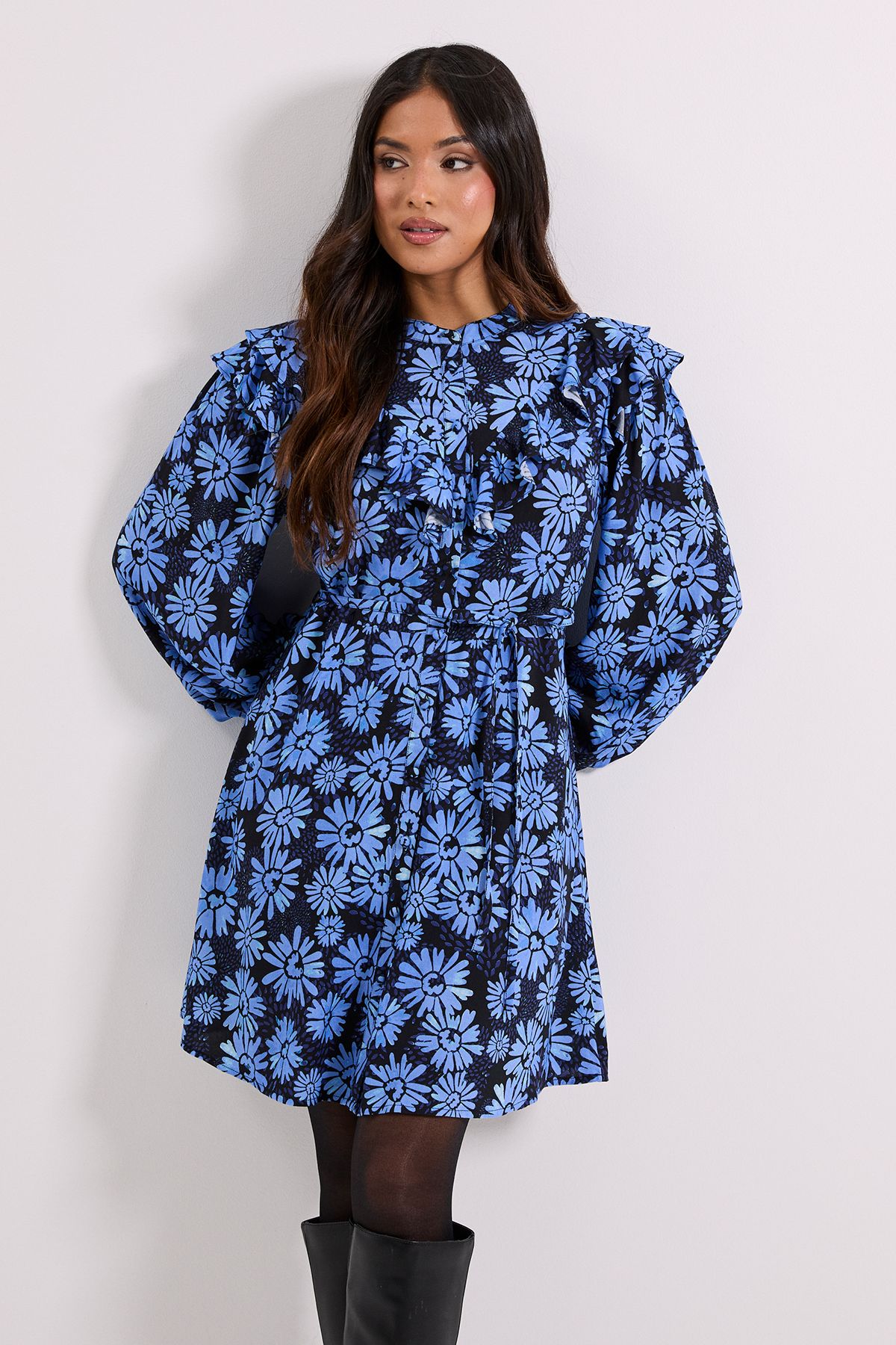 Dorothy Perkins Petite Blue Daisy Frill Yoke Belted Mini Shirt Dress Blue image 2