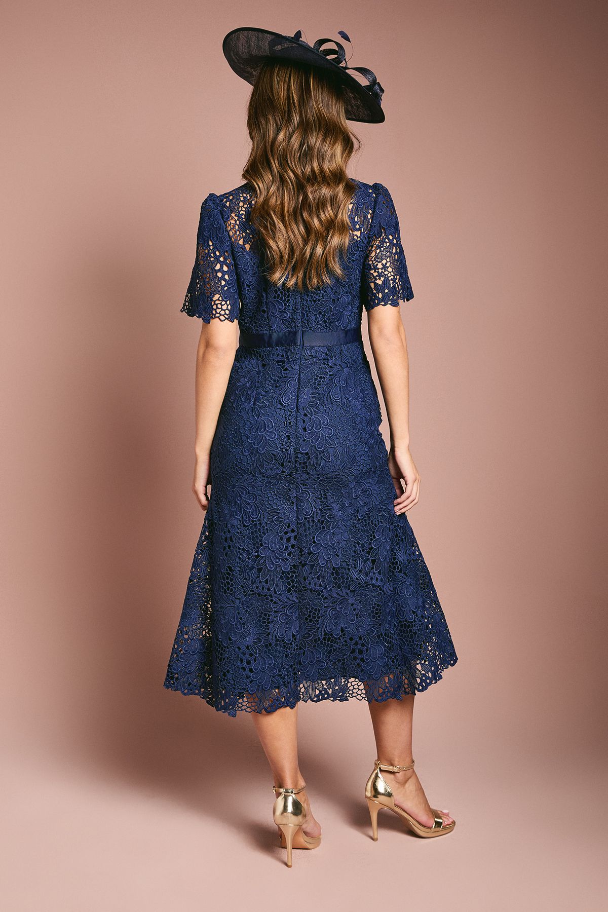 Coast Lace Midi Dress With Bow Belt Navy image 4