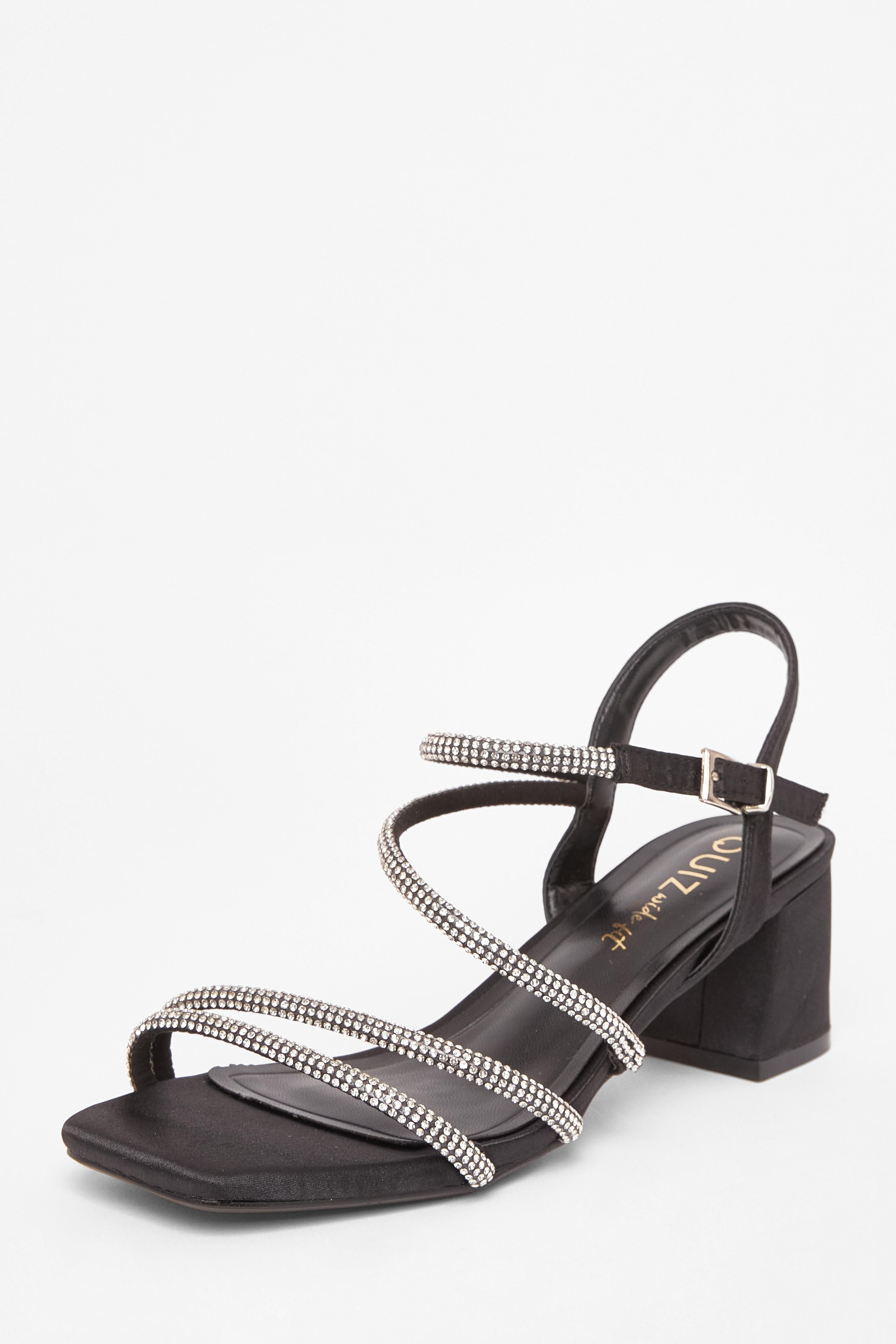 Quiz Black Wide Fit Diamante Block Heels image 1