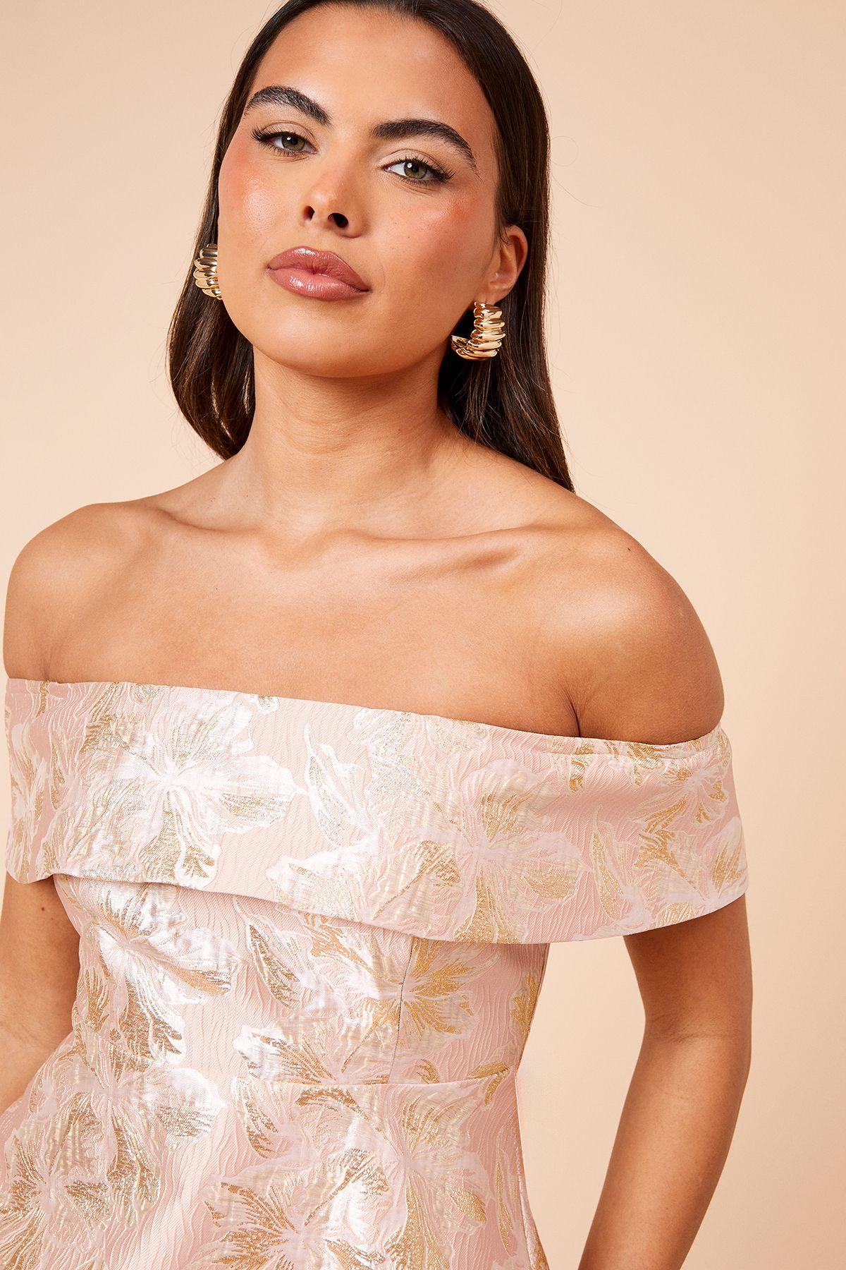 Dorothy Perkins DP Luxe Jacquard Fold Over Bardot Mini Dress Peach image 4