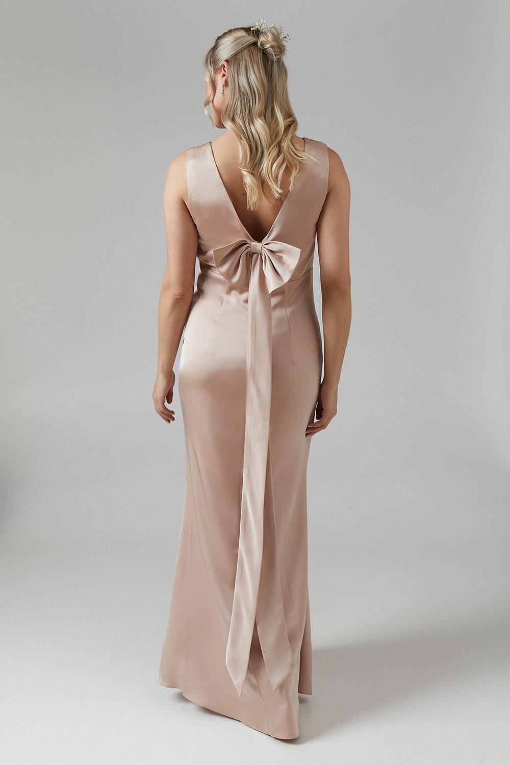Coast Maternity Bow Back V Neck Satin Bridesmaid Dress Mocha image 3
