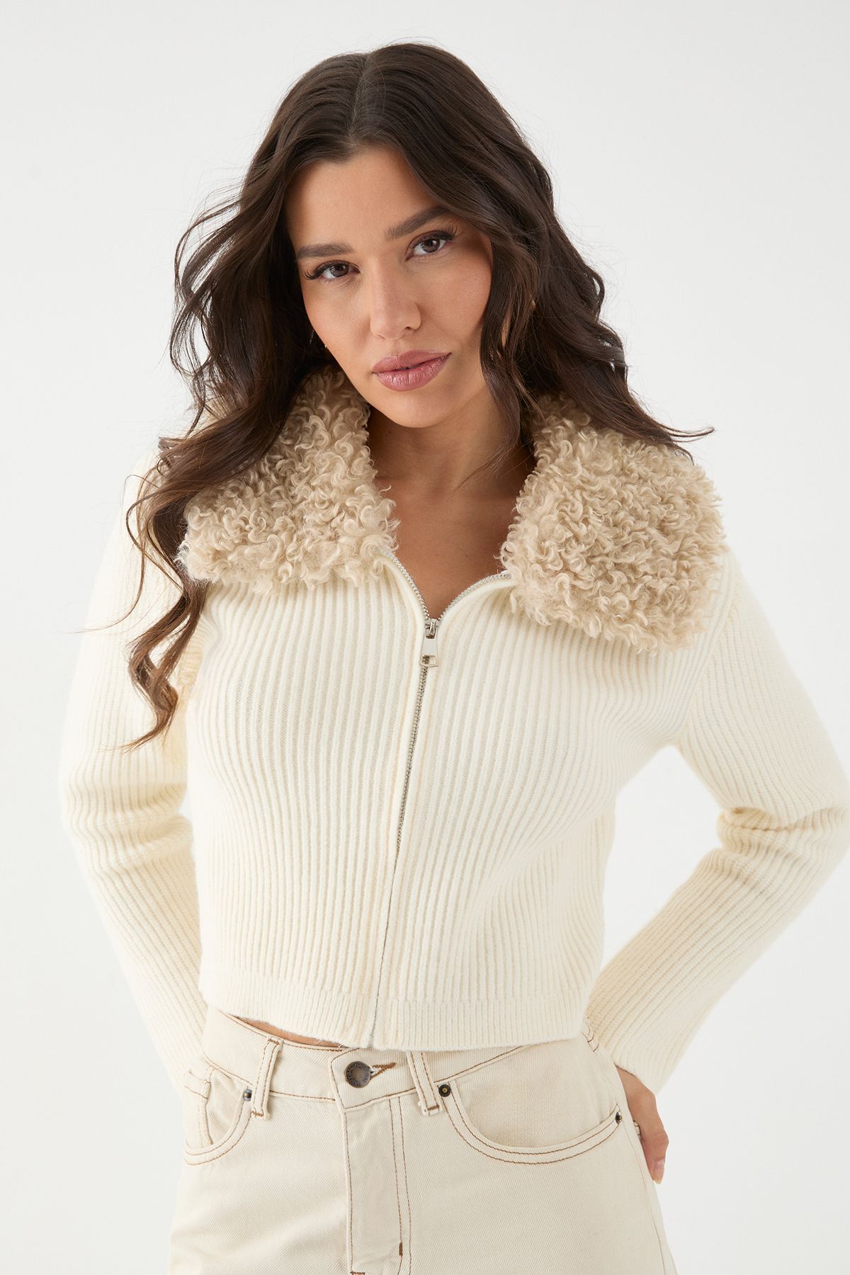 MissPap Teddy Fur Collar Long Sleeve Zip Up Jumper Cream image 1