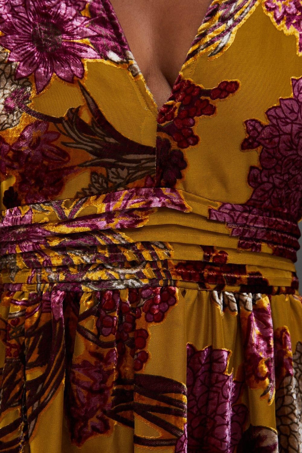 Warehouse Burnout Velvet Plunge Neck Waisted Midi Dress Ochre image 5