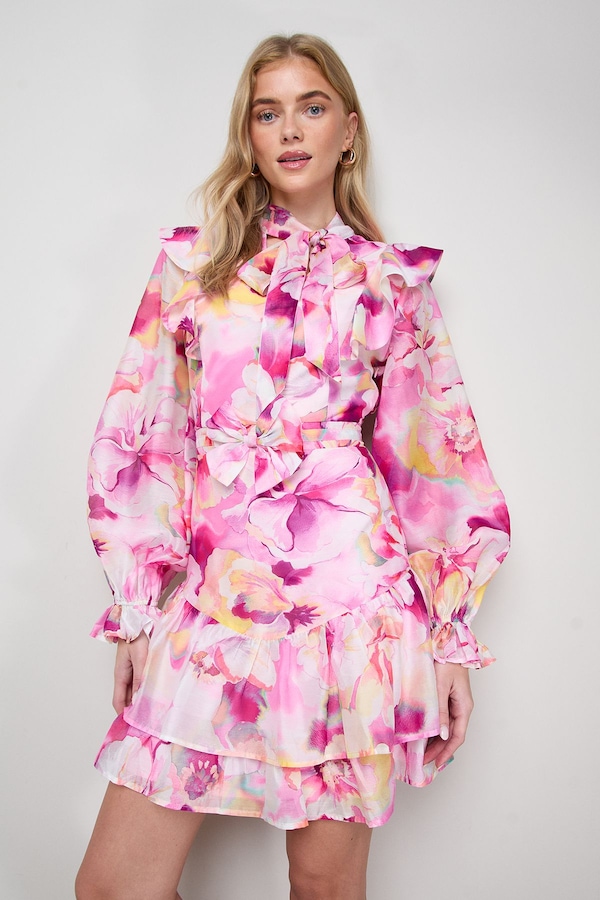 Oasis Tie Neck Ruffle Fit and Flare Mini Dress Purple