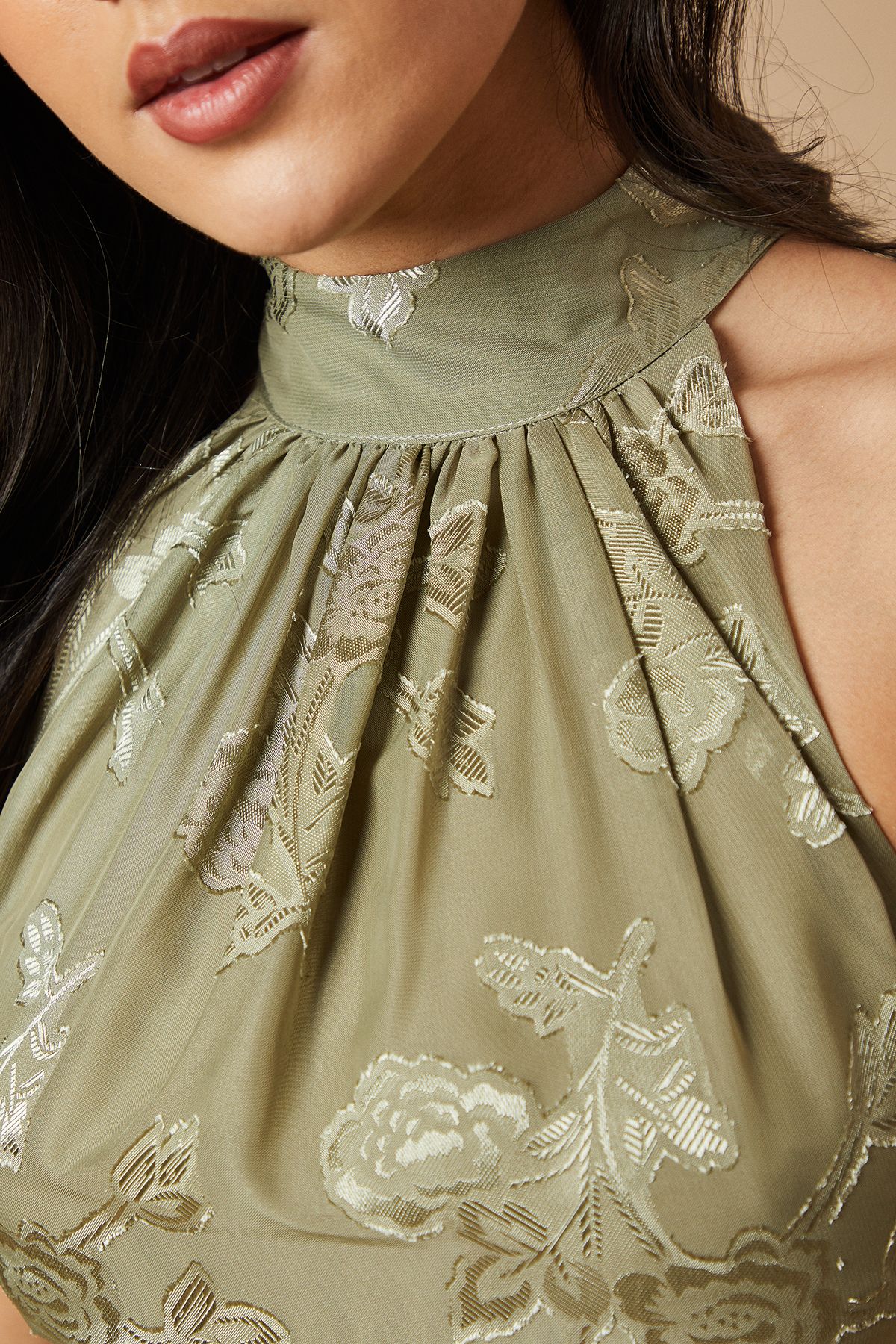 Oasis Plain Satin Burnout Halterneck Midi Dress Olive image 5