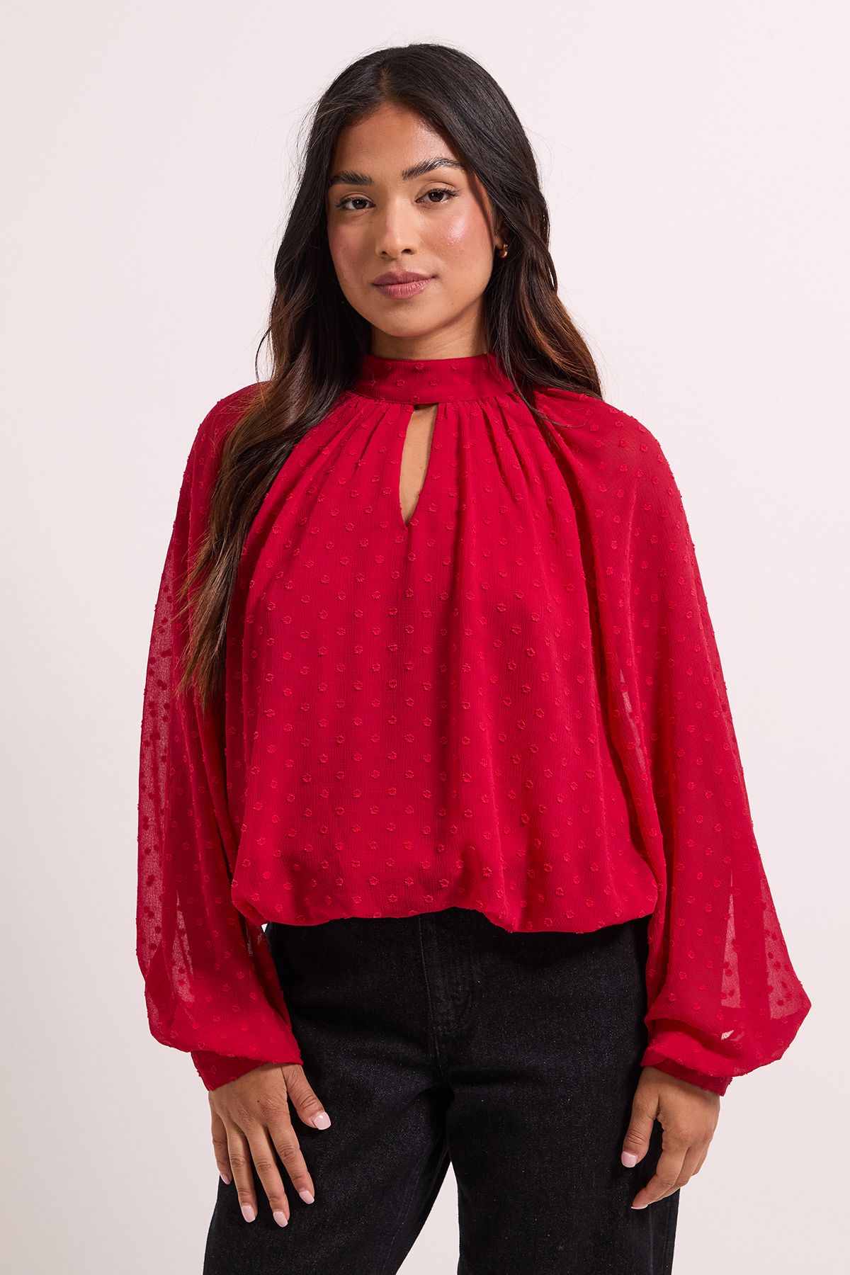 Dorothy Perkins Petite Tie Neck Keyhole Blouson Sleeve Blouse Red image 2