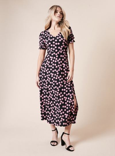 Dorothy Perkins Pink Spot Short Sleeve V Neck Jersey Midi Dress Black