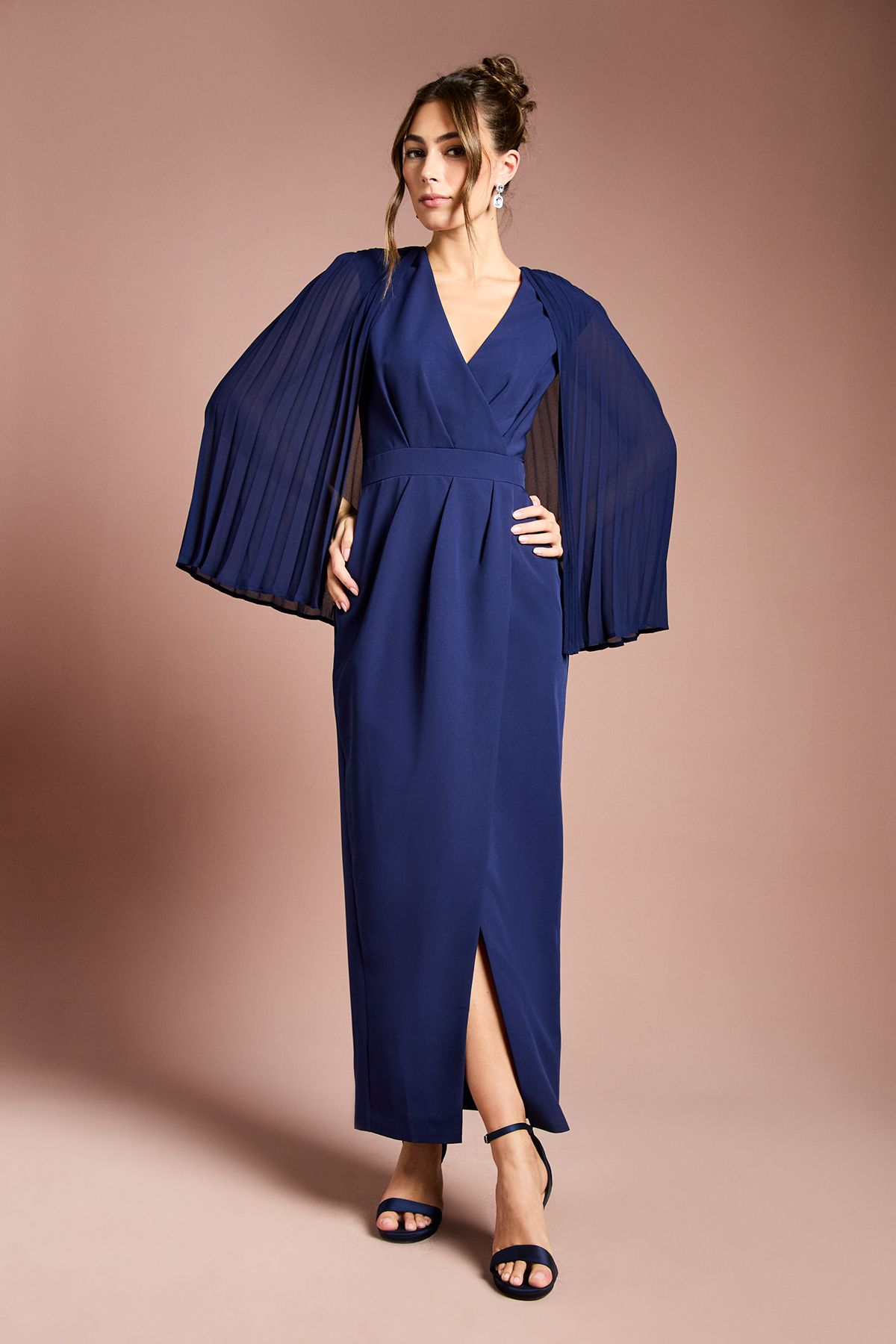 Coast Pleated Cape Detail Crepe Pencil Dress Navy