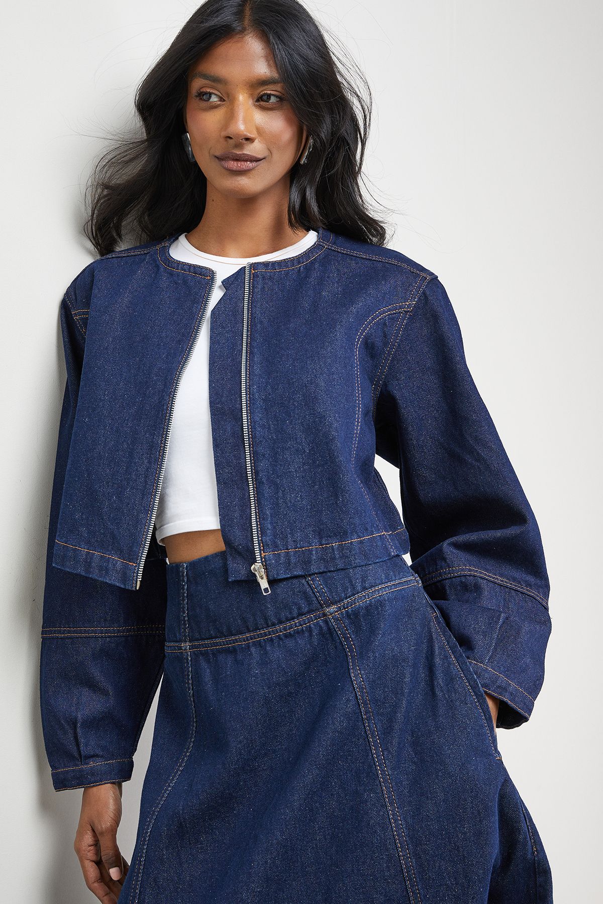 Warehouse Denim Zip Front Drawstring Hem Top Co-ord Indigo image 4