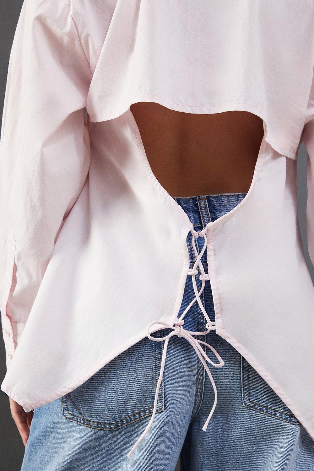 Warehouse Poplin Open Tie Back Shirt Pale Pink image 2