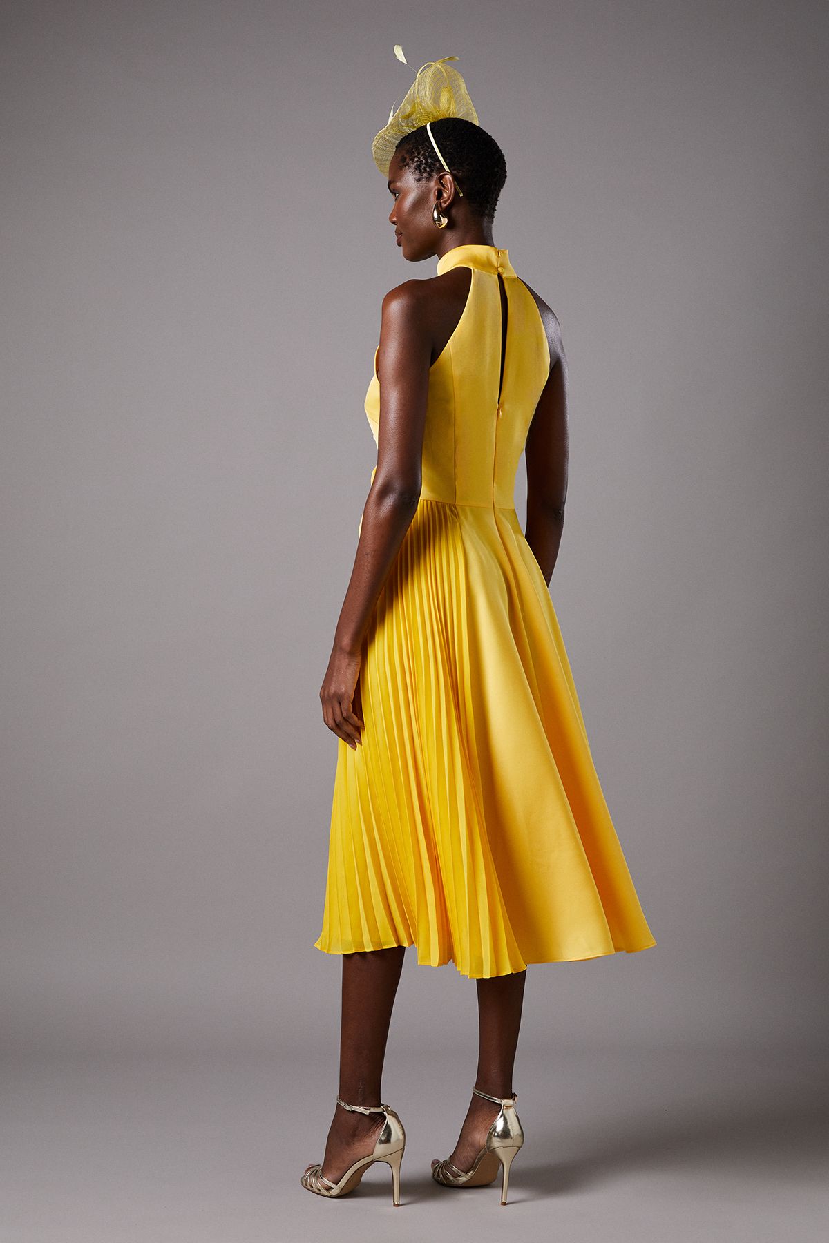 Coast Halter Pleated Asymmetric Hem Midi Dress Yellow image 4