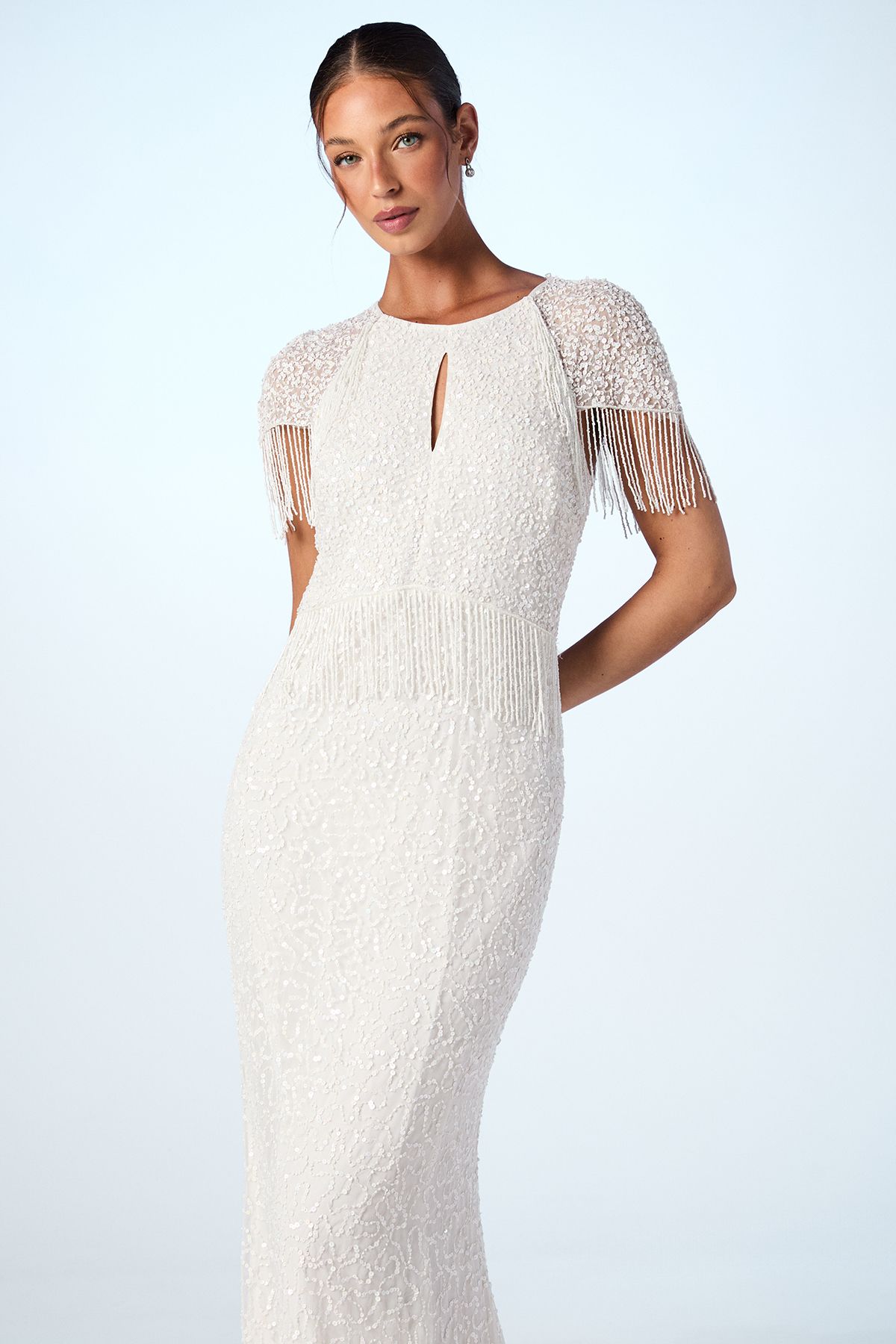 Coast Fringe Embellished Cape Wedding Dress Ivory image 2