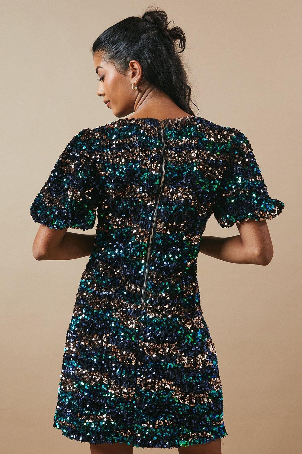 Oasis Petite Occasion Puff Sleeve Sequin Mini Dress Green image 3