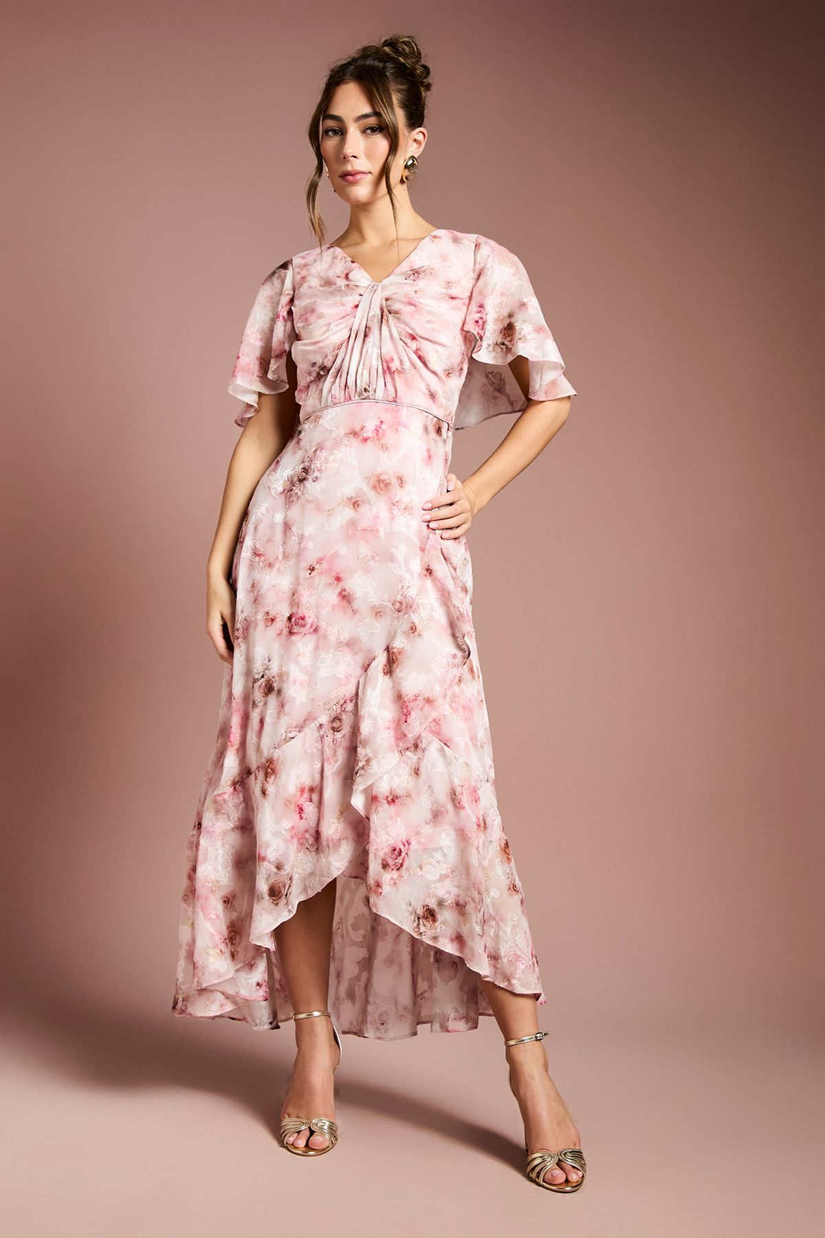 Coast Printed Satin Jacquard Twist Front Midi Dress Blush image 1