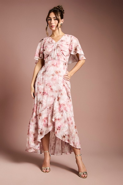 Coast Printed Satin Jacquard Twist Front Midi Dress Blush