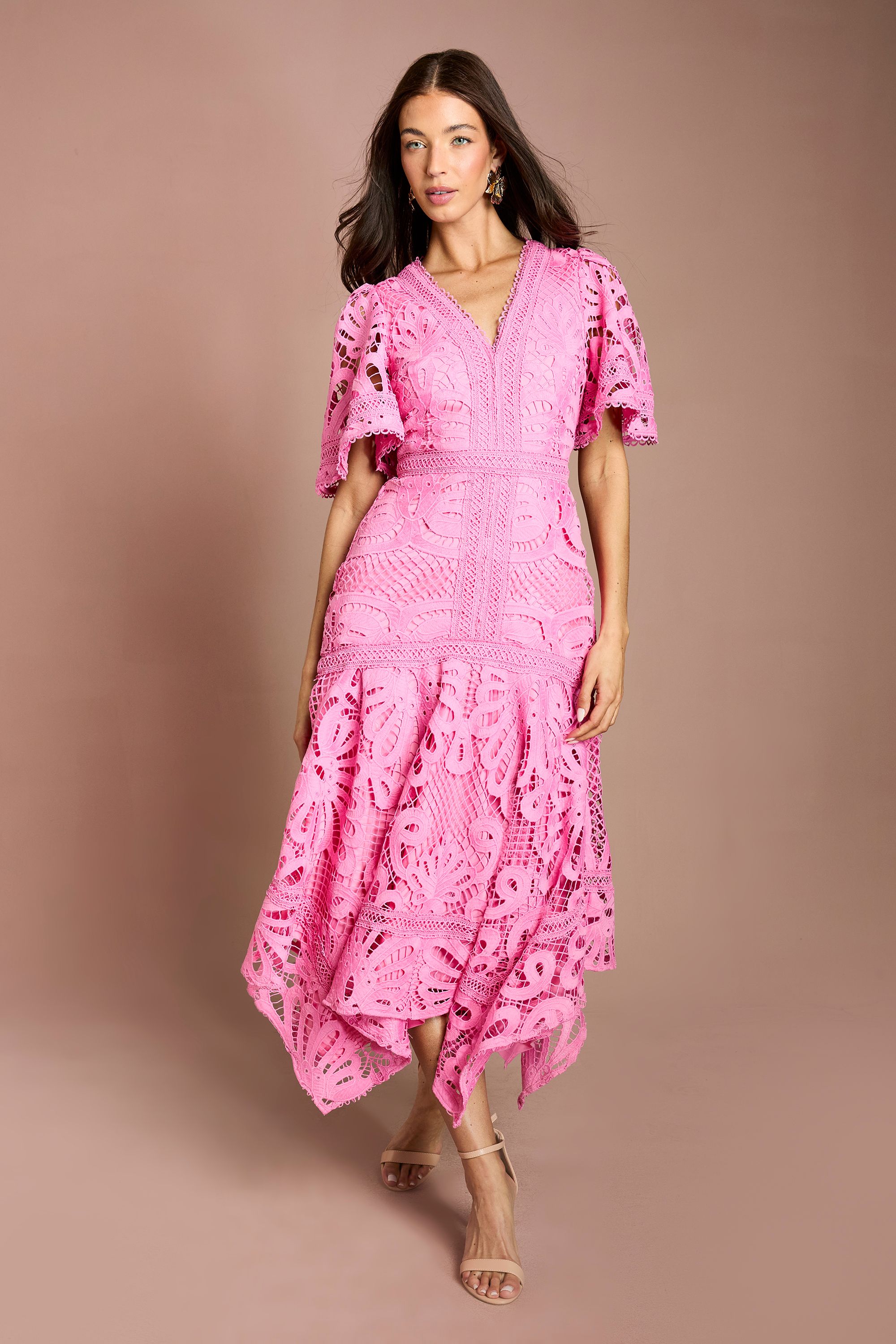Coast Placement Lace Hanky Hem Dress Pink