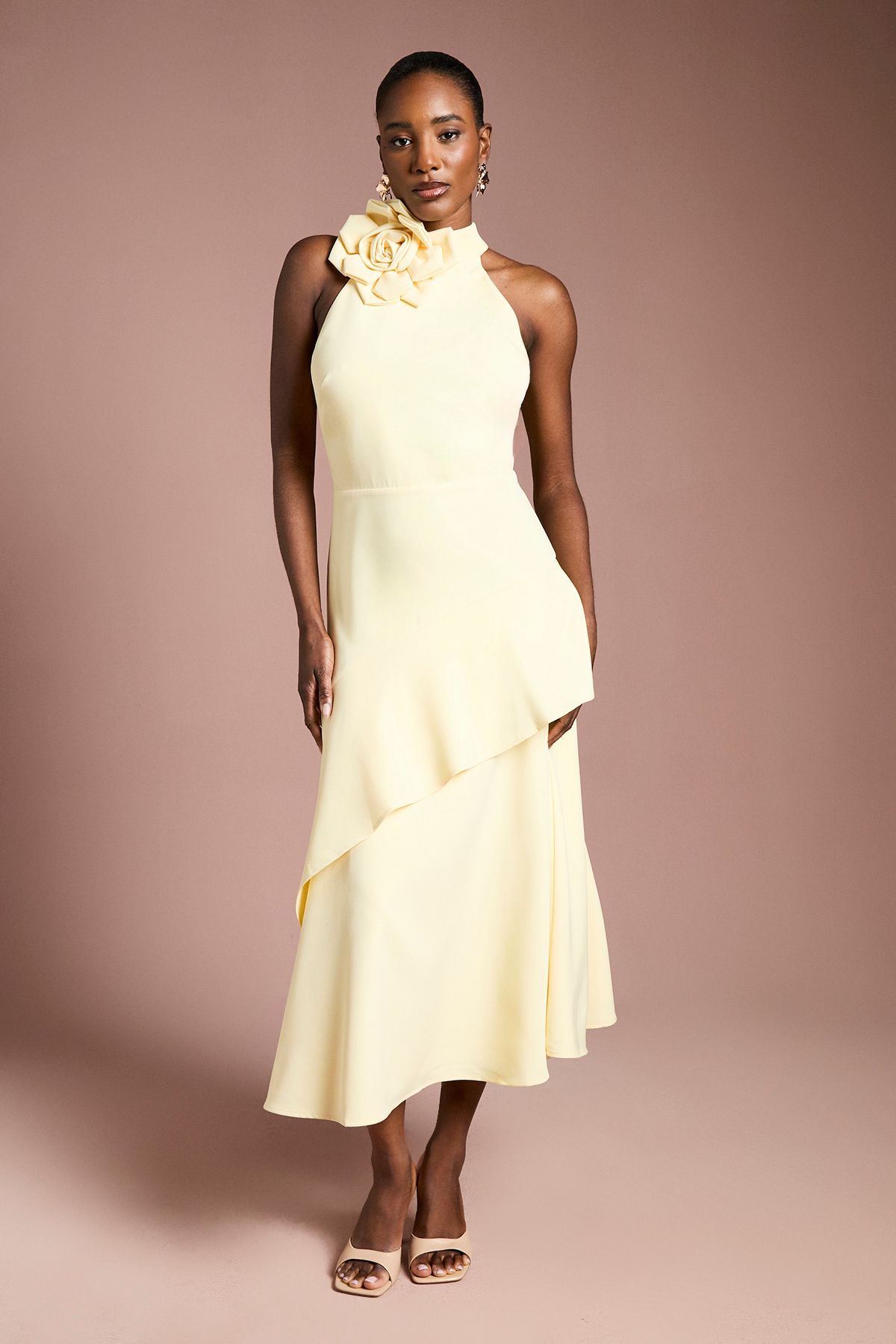 Coast High Neck Corsage Detail Midi Dress Lemon image 1