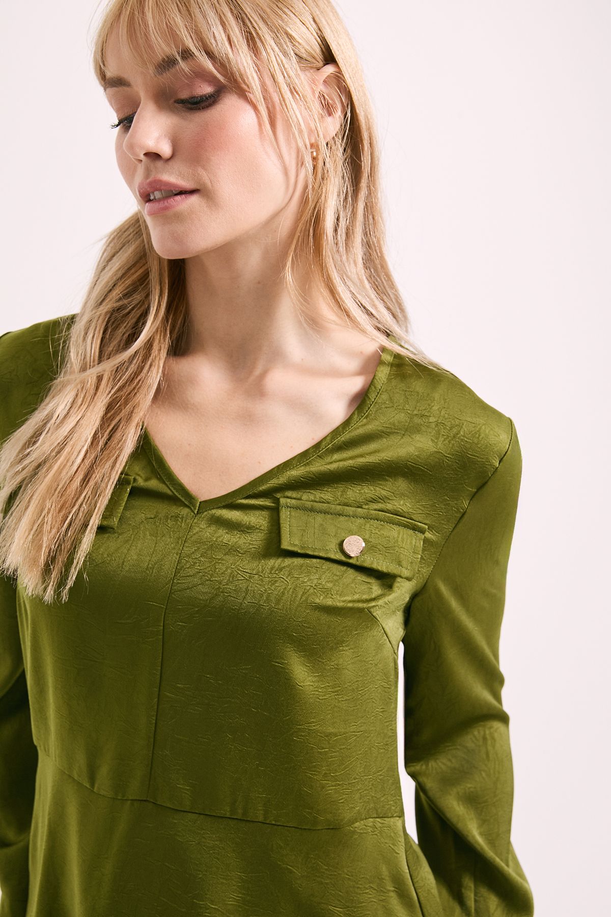 Principles Pocket Detail Satin V Neck Blouse Olive image 2