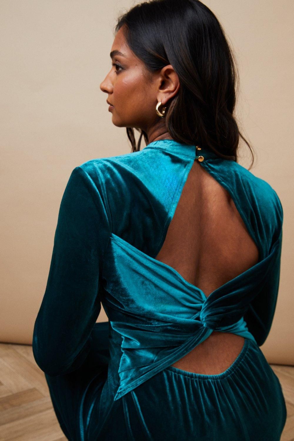 Oasis Velvet High Neck Twist Back Midi Dress Teal image 4